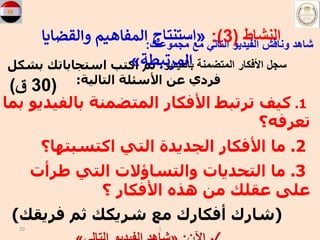 ‫مجموعتك‬ ‫مع‬ ‫التالي‬ ‫الفيديو‬ ‫وناقش‬ ‫شاهد‬
:
،‫بالفيديو‬ ‫المتضمنة‬ ‫األفكار‬ ‫سجل‬
‫ب‬ ‫استجاباتك‬ ‫اكتب‬ ‫ثم‬
‫شكل‬
‫التالية‬ ‫األسئلة‬ ‫عن‬ ‫فردي‬
:
1
.
‫بالف‬ ‫المتضمنة‬ ‫األفكار‬ ‫ترتبط‬ ‫كيف‬
‫بما‬ ‫يديو‬
‫تعرفه؟‬
2
.
‫اكتسبتها؟‬ ‫التي‬ ‫الجديدة‬ ‫األفكار‬ ‫ما‬
3
.
‫طرأت‬ ‫التي‬ ‫والتساؤالت‬ ‫التحديات‬ ‫ما‬
‫؟‬ ‫األفكار‬ ‫هذه‬ ‫من‬ ‫عقلك‬ ‫على‬
(
‫فريقك‬ ‫ثم‬ ‫شريكك‬ ‫مع‬ ‫أفكارك‬ ‫شارك‬
)
‫النشاط‬
(
3
:)
«
‫استنتاج‬
‫والقضايا‬ ‫المفاهيم‬
‫المرتبطة‬
»
(
30
‫ق‬
)
20 1
 