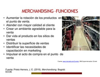 MERCHANDISING–FUNCIONES
• Aumentar la rotación de los productos en
el punto de venta.
• Atender con mayor calidad al cliente
• Crear un ambiente agradable para la
venta
• Dar vida al producto en los sitios de
ventas
• Distribuir la superficie de ventas
• Identificar las necesidades de
capacitación en marketing
• Impulsar el acto de compra en el punto de
venta
Fuente: www.mercatil.com/Covirán / BM Supermercados / Eroski
Fuente; Prieto Herrera, J. E. (2018). Merchandising. Bogotá:
ECOE
 