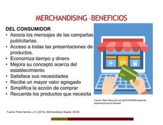 MERCHANDISING–BENEFICIOS
Fuente: https://blog.adx.com.gt/2018/06/06/mejora-la-
experiencia-de-tus-clientes/
DEL CONSUMIDOR
• Asocia los mensajes de las campañas
publicitarias.
• Acceso a todas las presentaciones de
productos.
• Economiza tiempo y dinero
• Mejora su concepto acerca del
establecimiento
• Satisface sus necesidades
• Recibe un mayor valor agregado
• Simplifica la acción de comprar
• Recuerda los productos que necesita
Fuente; Prieto Herrera, J. E. (2018). Merchandising. Bogotá: ECOE
 