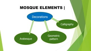 Decorations
Calligraphy
Geometric
pattern
Arabesque
MOSQUE ELEMENTS |
 