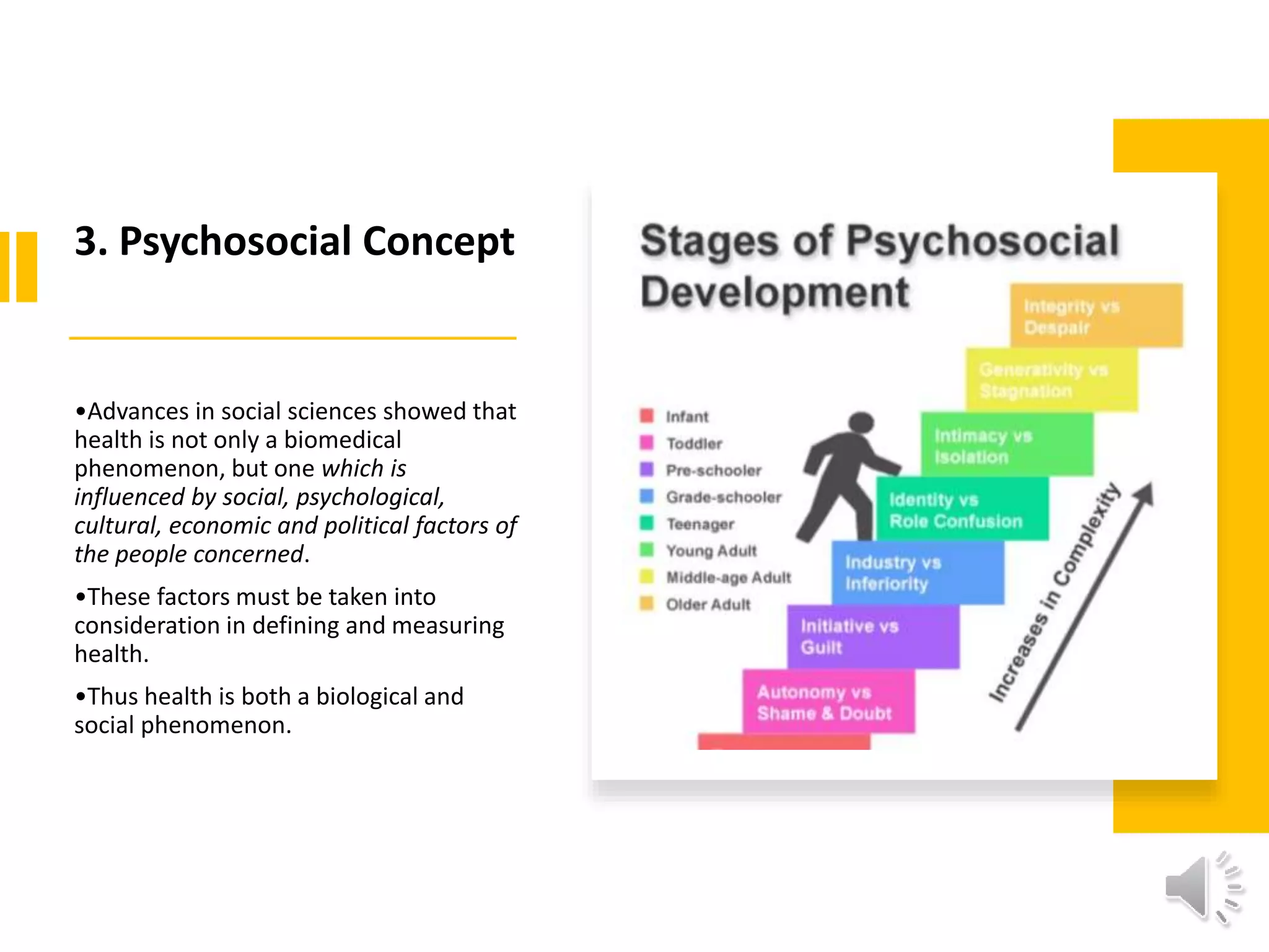 3. Psychosocial Concept
•Advances in social sciences showed that
health is not only a biomedical
phenomenon, but one which is
influenced by social, psychological,
cultural, economic and political factors of
the people concerned.
•These factors must be taken into
consideration in defining and measuring
health.
•Thus health is both a biological and
social phenomenon.
 