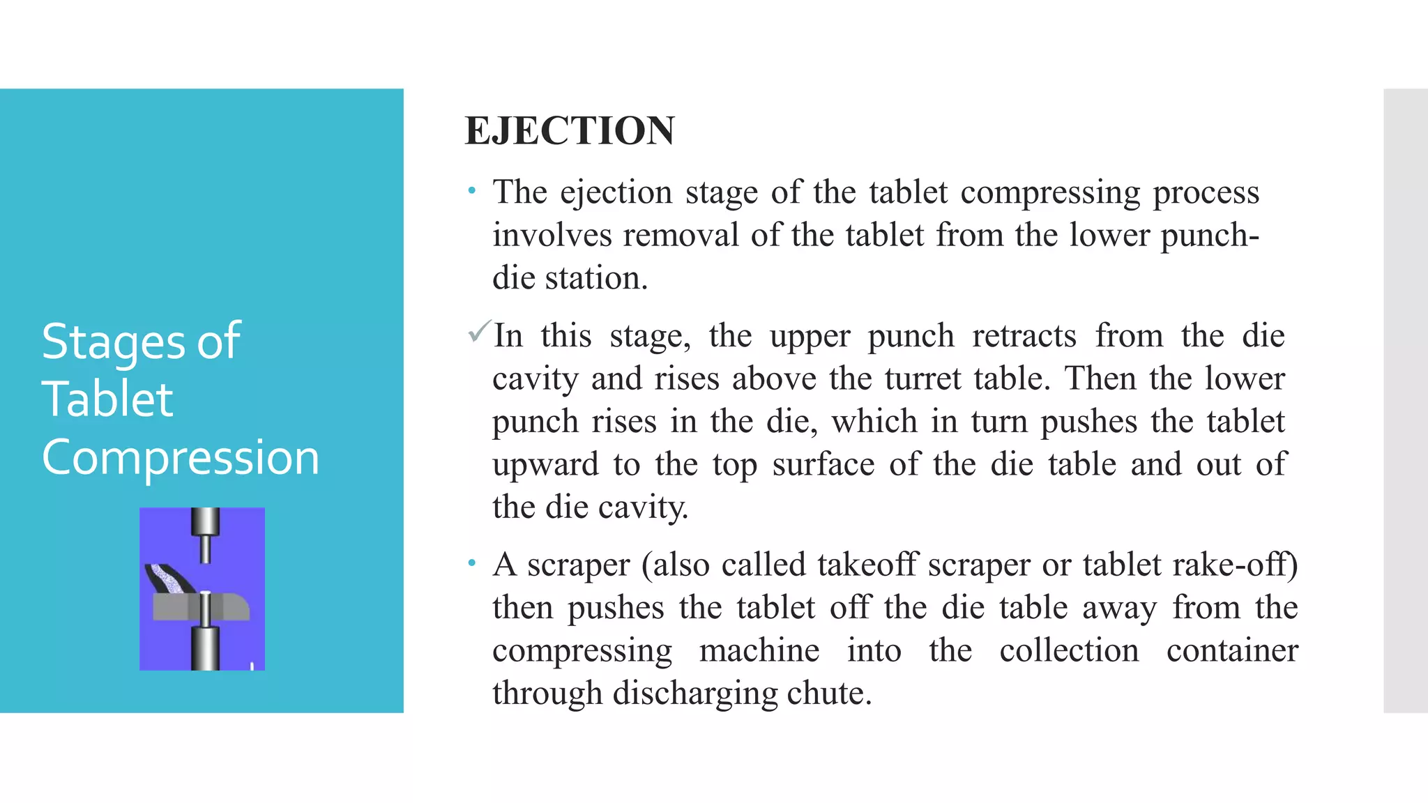 Stages of
Tablet
Compression
EJECTION
 The ejection stage of the tablet compressing process
involves removal of the tablet from the lower punch-
die station.
In this stage, the upper punch retracts from the die
cavity and rises above the turret table. Then the lower
punch rises in the die, which in turn pushes the tablet
upward to the top surface of the die table and out of
the die cavity.
 A scraper (also called takeoff scraper or tablet rake-off)
then pushes the tablet off the die table away from the
compressing machine into the collection container
through discharging chute.
 