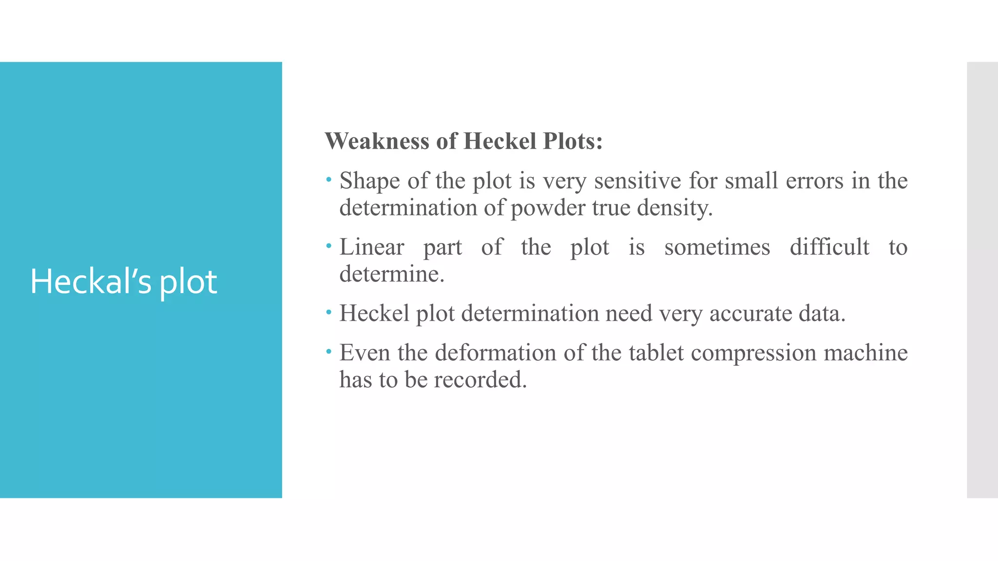 Heckal’s plot
Weakness of Heckel Plots:
 Shape of the plot is very sensitive for small errors in the
determination of powder true density.
 Linear part of the plot is sometimes difficult to
determine.
 Heckel plot determination need very accurate data.
 Even the deformation of the tablet compression machine
has to be recorded.
 