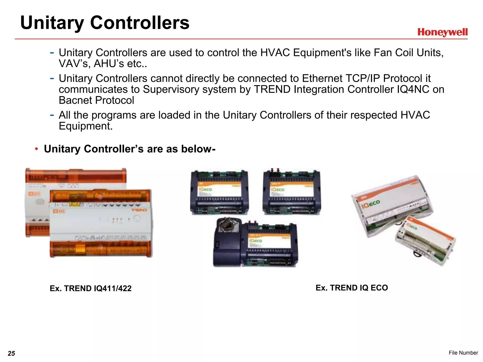 25 File Number
Unitary Controllers
- Unitary Controllers are used to control the HVAC Equipment's like Fan Coil Units,
VAV’s, AHU’s etc..
- Unitary Controllers cannot directly be connected to Ethernet TCP/IP Protocol it
communicates to Supervisory system by TREND Integration Controller IQ4NC on
Bacnet Protocol
- All the programs are loaded in the Unitary Controllers of their respected HVAC
Equipment.
• Unitary Controller’s are as below-
Ex. TREND IQ411/422 Ex. TREND IQ ECO
 