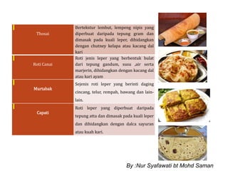 Thosai
Bertekstur lembut, lempeng nipis yang
diperbuat daripada tepung gram dan
dimasak pada kuali leper, dihidangkan
dengan chutney kelapa atau kacang dal
kari
Roti Canai
Roti jenis leper yang berbentuk bulat
dari tepung gandum, susu ,air serta
marjerin, dihidangkan dengan kacang dal
atau kari ayam
Murtabak
Sejenis roti leper yang berinti daging
cincang, telur, rempah, bawang dan lain-
lain.
Capati
Roti leper yang diperbuat daripada
tepung atta dan dimasak pada kuali leper
dan dihidangkan dengan dalca sayuran
atau kuah kari.
By :Nur Syafawati bt Mohd Saman
 