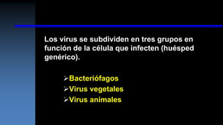 Los virus se subdividen en tres grupos en
función de la célula que infecten (huésped
genérico).
Bacteriófagos
Virus vegetales
Virus animales
 