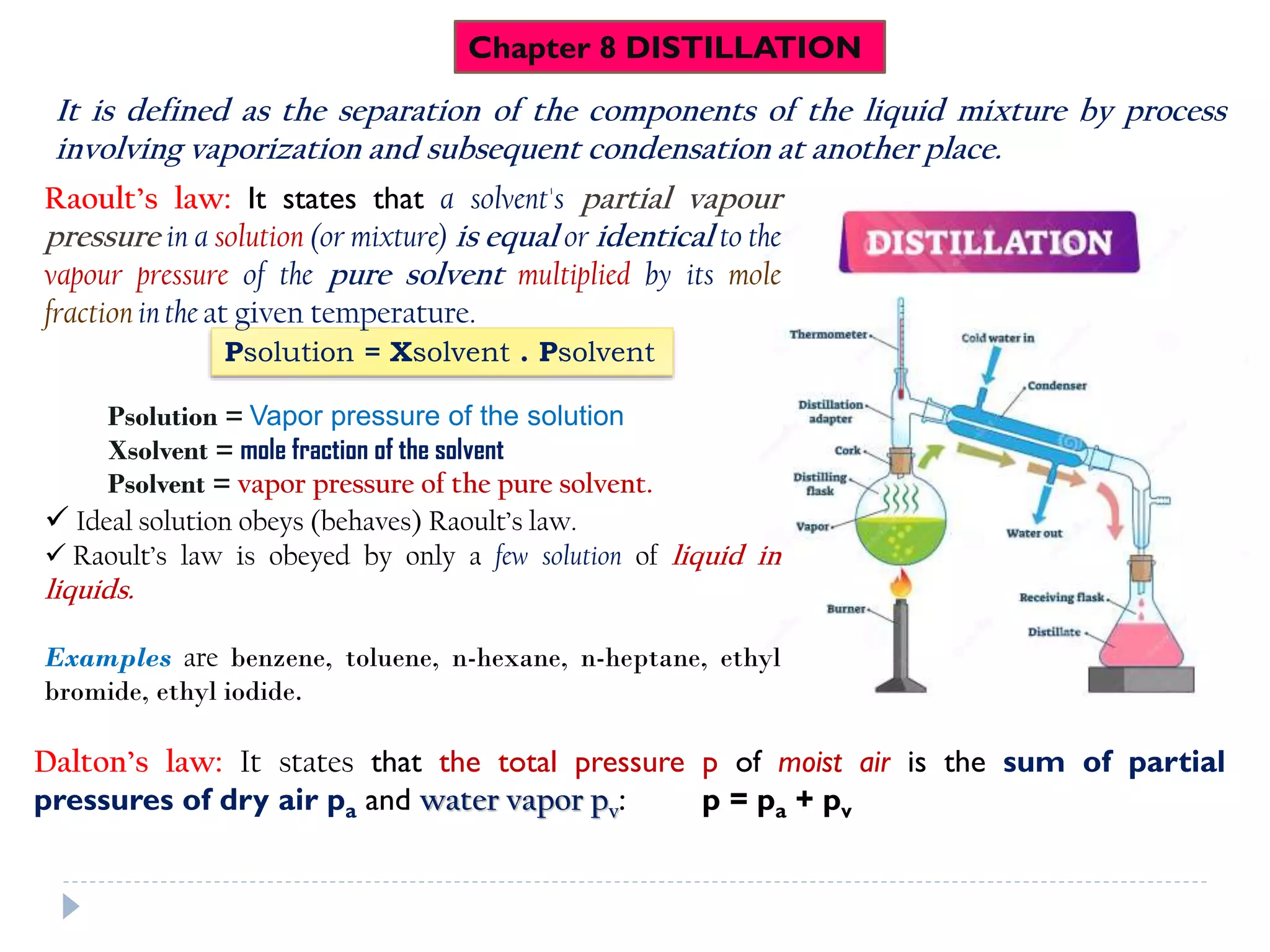 Chapter 8 DISTILLATION
It is defined as the separation of the components of the liquid mixture by process
involving vaporization and subsequent condensation at another place.
Psolution = Xsolvent . Psolvent
Raoult’s law: It states that a solvent's partial vapour
pressure in a solution (or mixture) is equal or identical to the
vapour pressure of the pure solvent multiplied by its mole
fraction in the at given temperature.
Psolution = Vapor pressure of the solution
Xsolvent = mole fraction of the solvent
Psolvent = vapor pressure of the pure solvent.
 Ideal solution obeys (behaves) Raoult’s law.
 Raoult’s law is obeyed by only a few solution of liquid in
liquids.
Examples are benzene, toluene, n-hexane, n-heptane, ethyl
bromide, ethyl iodide.
Dalton’s law: It states that the total pressure p of moist air is the sum of partial
pressures of dry air pa and water vapor pv: p = pa + pv
 