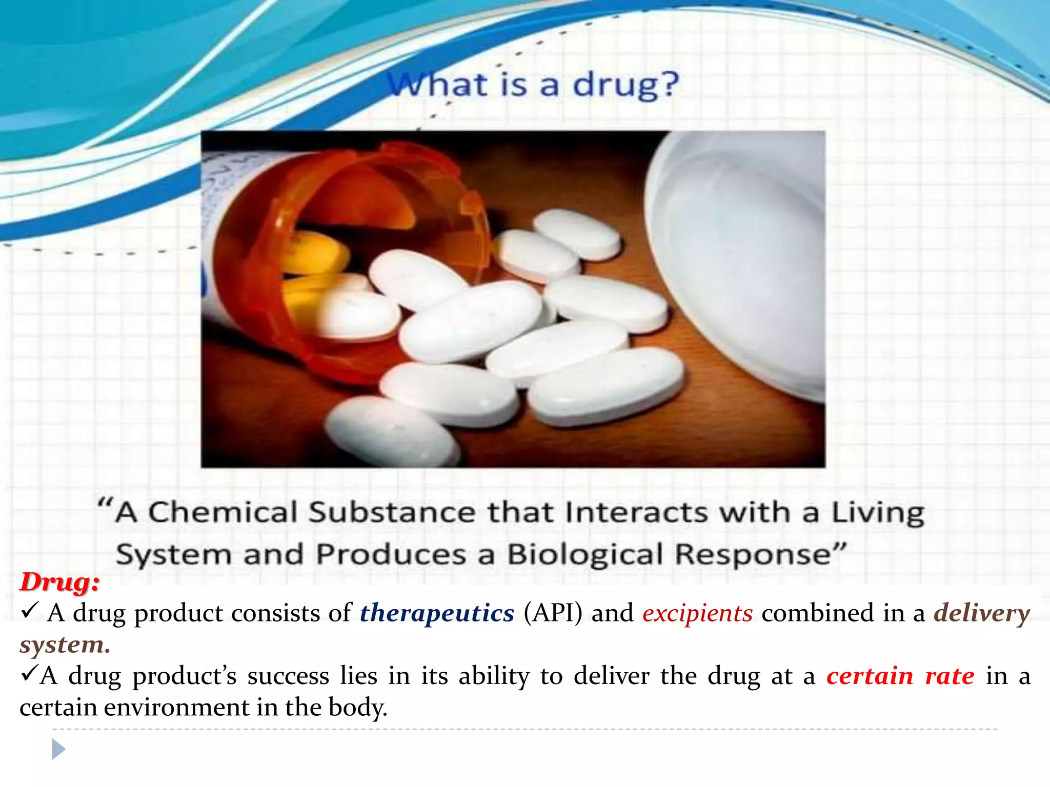 Drug:
 A drug product consists of therapeutics (API) and excipients combined in a delivery
system.
A drug product’s success lies in its ability to deliver the drug at a certain rate in a
certain environment in the body.
 