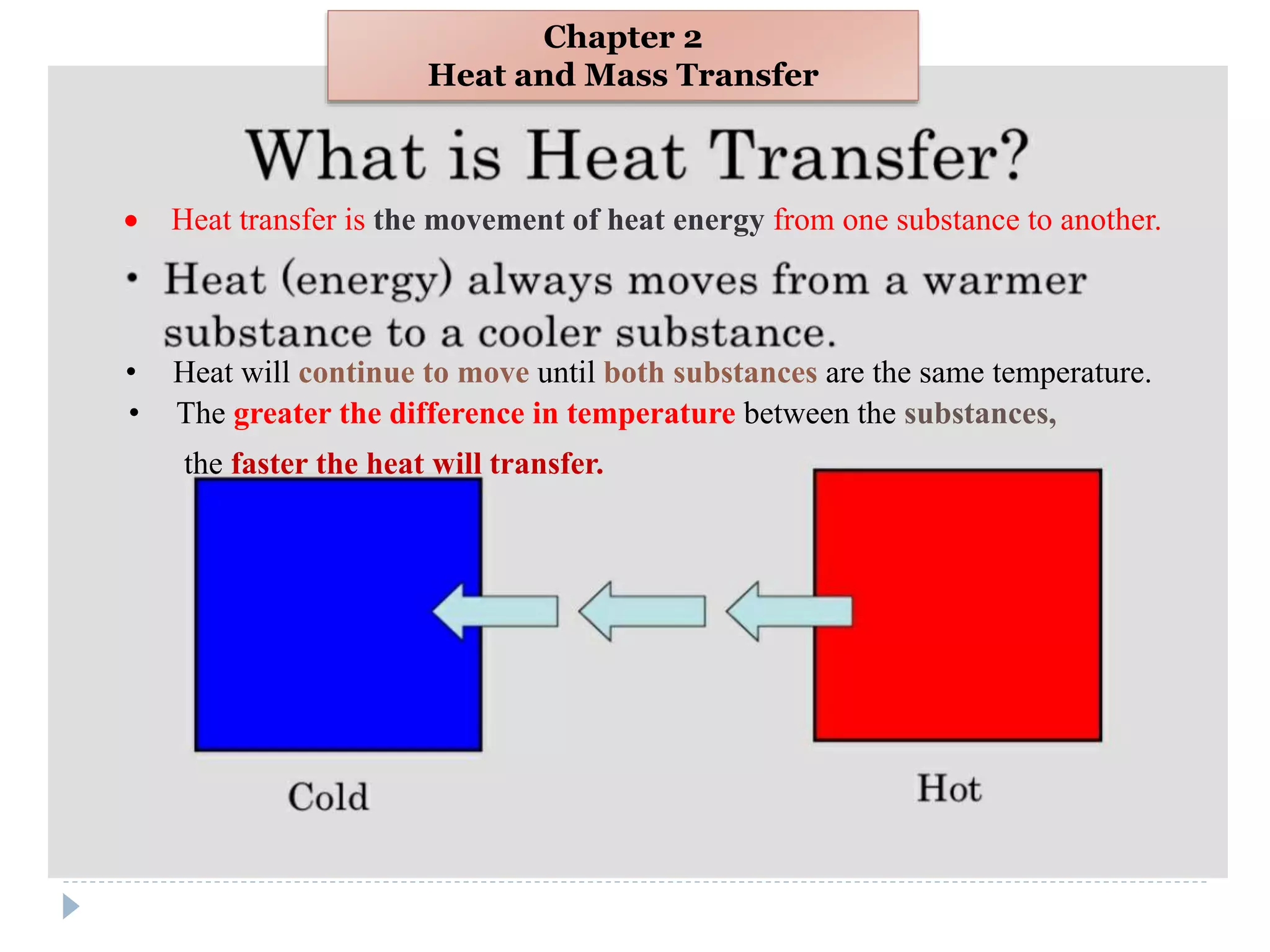 Chapter 2
Heat and Mass Transfer
 Heat transfer is the movement of heat energy from one substance to another.
• Heat will continue to move until both substances are the same temperature.
• The greater the difference in temperature between the substances,
the faster the heat will transfer.
 