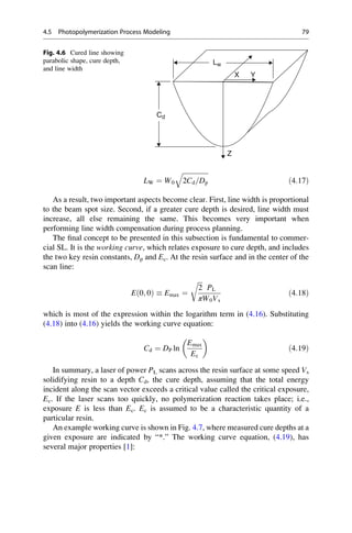 LW ¼ W0
ﬃﬃﬃﬃﬃﬃﬃﬃﬃﬃﬃﬃﬃﬃﬃﬃ
2Cd=Dp
q
ð4:17Þ
As a result, two important aspects become clear. First, line width is proportional
to the beam spot size. Second, if a greater cure depth is desired, line width must
increase, all else remaining the same. This becomes very important when
performing line width compensation during process planning.
The final concept to be presented in this subsection is fundamental to commer-
cial SL. It is the working curve, which relates exposure to cure depth, and includes
the two key resin constants, Dp and Ec. At the resin surface and in the center of the
scan line:
E 0; 0
ð Þ  Emax ¼
ﬃﬃﬃ
2
π
r
PL
W0Vs
ð4:18Þ
which is most of the expression within the logarithm term in (4.16). Substituting
(4.18) into (4.16) yields the working curve equation:
Cd ¼ DP ln
Emax
Ec
 
ð4:19Þ
In summary, a laser of power PL scans across the resin surface at some speed Vs
solidifying resin to a depth Cd, the cure depth, assuming that the total energy
incident along the scan vector exceeds a critical value called the critical exposure,
Ec. If the laser scans too quickly, no polymerization reaction takes place; i.e.,
exposure E is less than Ec. Ec is assumed to be a characteristic quantity of a
particular resin.
An example working curve is shown in Fig. 4.7, where measured cure depths at a
given exposure are indicated by “*.” The working curve equation, (4.19), has
several major properties [1]:
Z
X Y
Cd
Lw
Fig. 4.6 Cured line showing
parabolic shape, cure depth,
and line width
4.5 Photopolymerization Process Modeling 79
 