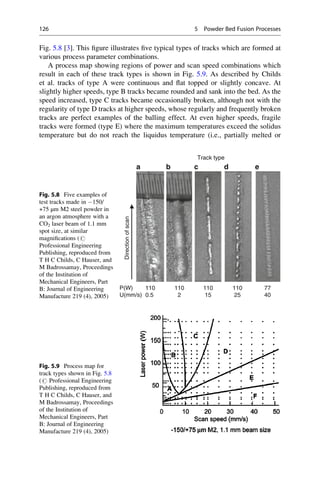 Fig. 5.8 [3]. This figure illustrates five typical types of tracks which are formed at
various process parameter combinations.
A process map showing regions of power and scan speed combinations which
result in each of these track types is shown in Fig. 5.9. As described by Childs
et al. tracks of type A were continuous and flat topped or slightly concave. At
slightly higher speeds, type B tracks became rounded and sank into the bed. As the
speed increased, type C tracks became occasionally broken, although not with the
regularity of type D tracks at higher speeds, whose regularly and frequently broken
tracks are perfect examples of the balling effect. At even higher speeds, fragile
tracks were formed (type E) where the maximum temperatures exceed the solidus
temperature but do not reach the liquidus temperature (i.e., partially melted or
a b c d e
P(W)
U(mm/s)
110
0.5
Track type
Direction
of
scan
110
2
110
15
110
25
77
40
Fig. 5.8 Five examples of
test tracks made in 150/
+75 μm M2 steel powder in
an argon atmosphere with a
CO2 laser beam of 1.1 mm
spot size, at similar
magnifications (#
Professional Engineering
Publishing, reproduced from
T H C Childs, C Hauser, and
M Badrossamay, Proceedings
of the Institution of
Mechanical Engineers, Part
B: Journal of Engineering
Manufacture 219 (4), 2005)
Fig. 5.9 Process map for
track types shown in Fig. 5.8
(# Professional Engineering
Publishing, reproduced from
T H C Childs, C Hauser, and
M Badrossamay, Proceedings
of the Institution of
Mechanical Engineers, Part
B: Journal of Engineering
Manufacture 219 (4), 2005)
126 5 Powder Bed Fusion Processes
 