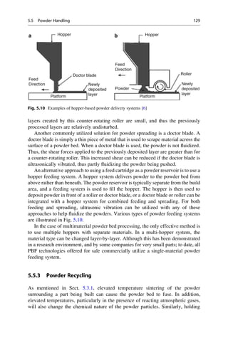 layers created by this counter-rotating roller are small, and thus the previously
processed layers are relatively undisturbed.
Another commonly utilized solution for powder spreading is a doctor blade. A
doctor blade is simply a thin piece of metal that is used to scrape material across the
surface of a powder bed. When a doctor blade is used, the powder is not fluidized.
Thus, the shear forces applied to the previously deposited layer are greater than for
a counter-rotating roller. This increased shear can be reduced if the doctor blade is
ultrasonically vibrated, thus partly fluidizing the powder being pushed.
An alternative approach to using a feed cartridge as a powder reservoir is to use a
hopper feeding system. A hopper system delivers powder to the powder bed from
above rather than beneath. The powder reservoir is typically separate from the build
area, and a feeding system is used to fill the hopper. The hopper is then used to
deposit powder in front of a roller or doctor blade, or a doctor blade or roller can be
integrated with a hopper system for combined feeding and spreading. For both
feeding and spreading, ultrasonic vibration can be utilized with any of these
approaches to help fluidize the powders. Various types of powder feeding systems
are illustrated in Fig. 5.10.
In the case of multimaterial powder bed processing, the only effective method is
to use multiple hoppers with separate materials. In a multi-hopper system, the
material type can be changed layer-by-layer. Although this has been demonstrated
in a research environment, and by some companies for very small parts; to date, all
PBF technologies offered for sale commercially utilize a single-material powder
feeding system.
5.5.3 Powder Recycling
As mentioned in Sect. 5.3.1, elevated temperature sintering of the powder
surrounding a part being built can cause the powder bed to fuse. In addition,
elevated temperatures, particularly in the presence of reacting atmospheric gases,
will also change the chemical nature of the powder particles. Similarly, holding
Hopper
Feed
Direction
Doctor blade
Newly
deposited
layer
Feed
Direction
Hopper
Powder
Roller
Newly
deposited
layer
Platform Platform
a b
Fig. 5.10 Examples of hopper-based powder delivery systems [6]
5.5 Powder Handling 129
 