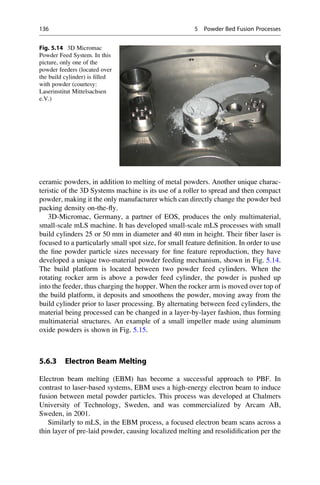 ceramic powders, in addition to melting of metal powders. Another unique charac-
teristic of the 3D Systems machine is its use of a roller to spread and then compact
powder, making it the only manufacturer which can directly change the powder bed
packing density on-the-fly.
3D-Micromac, Germany, a partner of EOS, produces the only multimaterial,
small-scale mLS machine. It has developed small-scale mLS processes with small
build cylinders 25 or 50 mm in diameter and 40 mm in height. Their fiber laser is
focused to a particularly small spot size, for small feature definition. In order to use
the fine powder particle sizes necessary for fine feature reproduction, they have
developed a unique two-material powder feeding mechanism, shown in Fig. 5.14.
The build platform is located between two powder feed cylinders. When the
rotating rocker arm is above a powder feed cylinder, the powder is pushed up
into the feeder, thus charging the hopper. When the rocker arm is moved over top of
the build platform, it deposits and smoothens the powder, moving away from the
build cylinder prior to laser processing. By alternating between feed cylinders, the
material being processed can be changed in a layer-by-layer fashion, thus forming
multimaterial structures. An example of a small impeller made using aluminum
oxide powders is shown in Fig. 5.15.
5.6.3 Electron Beam Melting
Electron beam melting (EBM) has become a successful approach to PBF. In
contrast to laser-based systems, EBM uses a high-energy electron beam to induce
fusion between metal powder particles. This process was developed at Chalmers
University of Technology, Sweden, and was commercialized by Arcam AB,
Sweden, in 2001.
Similarly to mLS, in the EBM process, a focused electron beam scans across a
thin layer of pre-laid powder, causing localized melting and resolidification per the
Fig. 5.14 3D Micromac
Powder Feed System. In this
picture, only one of the
powder feeders (located over
the build cylinder) is filled
with powder (courtesy:
Laserinstitut Mittelsachsen
e.V.)
136 5 Powder Bed Fusion Processes
 