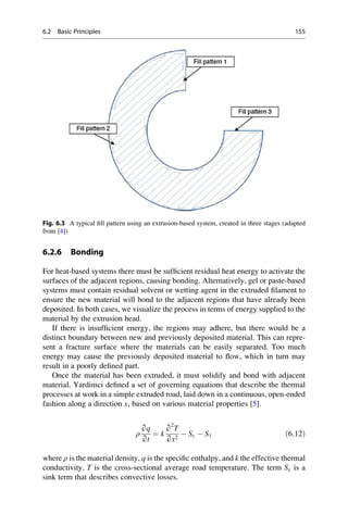 6.2.6 Bonding
For heat-based systems there must be sufficient residual heat energy to activate the
surfaces of the adjacent regions, causing bonding. Alternatively, gel or paste-based
systems must contain residual solvent or wetting agent in the extruded filament to
ensure the new material will bond to the adjacent regions that have already been
deposited. In both cases, we visualize the process in terms of energy supplied to the
material by the extrusion head.
If there is insufficient energy, the regions may adhere, but there would be a
distinct boundary between new and previously deposited material. This can repre-
sent a fracture surface where the materials can be easily separated. Too much
energy may cause the previously deposited material to flow, which in turn may
result in a poorly defined part.
Once the material has been extruded, it must solidify and bond with adjacent
material. Yardimci defined a set of governing equations that describe the thermal
processes at work in a simple extruded road, laid down in a continuous, open-ended
fashion along a direction x, based on various material properties [5].
ρ
∂q
∂t
¼ k
∂
2
T
∂x2
 Sc  S1 ð6:12Þ
where ρ is the material density, q is the specific enthalpy, and k the effective thermal
conductivity. T is the cross-sectional average road temperature. The term Sc is a
sink term that describes convective losses.
Fig. 6.3 A typical fill pattern using an extrusion-based system, created in three stages (adapted
from [4])
6.2 Basic Principles 155
 