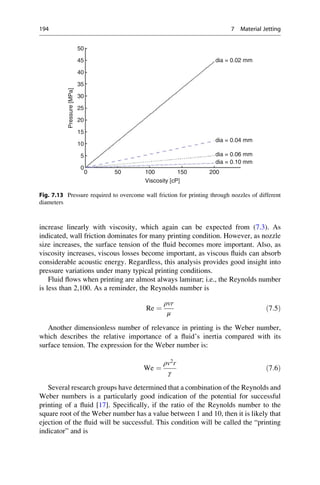 increase linearly with viscosity, which again can be expected from (7.3). As
indicated, wall friction dominates for many printing condition. However, as nozzle
size increases, the surface tension of the fluid becomes more important. Also, as
viscosity increases, viscous losses become important, as viscous fluids can absorb
considerable acoustic energy. Regardless, this analysis provides good insight into
pressure variations under many typical printing conditions.
Fluid flows when printing are almost always laminar; i.e., the Reynolds number
is less than 2,100. As a reminder, the Reynolds number is
Re ¼
ρvr
μ
ð7:5Þ
Another dimensionless number of relevance in printing is the Weber number,
which describes the relative importance of a fluid’s inertia compared with its
surface tension. The expression for the Weber number is:
We ¼
ρv2
r
γ
ð7:6Þ
Several research groups have determined that a combination of the Reynolds and
Weber numbers is a particularly good indication of the potential for successful
printing of a fluid [17]. Specifically, if the ratio of the Reynolds number to the
square root of the Weber number has a value between 1 and 10, then it is likely that
ejection of the fluid will be successful. This condition will be called the “printing
indicator” and is
50
45
40
35
30
25
20
15
10
5
0
0 50 100 150
Viscosity [cP]
Pressure
[MPa]
200
dia = 0.02 mm
dia = 0.04 mm
dia = 0.06 mm
dia = 0.10 mm
Fig. 7.13 Pressure required to overcome wall friction for printing through nozzles of different
diameters
194 7 Material Jetting
 
