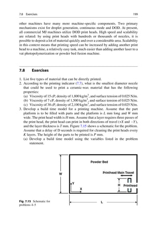 other machines have many more machine-specific components. Two primary
mechanisms exist for droplet generation, continuous mode and DOD. At present,
all commercial MJ machines utilize DOD print heads. High speed and scalability
are related: by using print heads with hundreds or thousands of nozzles, it is
possible to deposit a lot of material quickly and over a considerable area. Scalability
in this context means that printing speed can be increased by adding another print
head to a machine, a relatively easy task, much easier than adding another laser to a
vat photopolymerization or powder bed fusion machine.
7.8 Exercises
1. List five types of material that can be directly printed.
2. According to the printing indicator (7.7), what is the smallest diameter nozzle
that could be used to print a ceramic-wax material that has the following
properties:
(a) Viscosity of 15 cP, density of 1,800 kg/m3
, and surface tension of 0.025 N/m.
(b) Viscosity of 7 cP, density of 1,500 kg/m3
, and surface tension of 0.025 N/m.
(c) Viscosity of 38 cP, density of 2,100 kg/m3
, and surface tension of 0.025 N/m.
3. Develop a build time model for a printing machine. Assume that the part
platform is to be filled with parts and the platform is L mm long and W mm
wide. The print head width is H mm. Assume that a layer requires three passes of
the print head, the print head can print in both directions of travel (+X and Y),
and the layer thickness is T mm. Figure 7.15 shows a schematic for the problem.
Assume that a delay of D seconds is required for cleaning the print heads every
K layers. The height of the parts to be printed is P mm.
(a) Develop a build time model using the variables listed in the problem
statement.
Fig. 7.15 Schematic for
problems 4–5
7.8 Exercises 199
 
