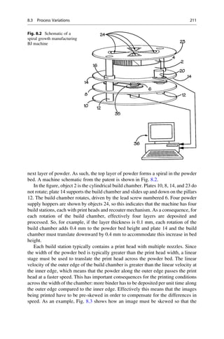 next layer of powder. As such, the top layer of powder forms a spiral in the powder
bed. A machine schematic from the patent is shown in Fig. 8.2.
In the figure, object 2 is the cylindrical build chamber. Plates 10, 8, 14, and 23 do
not rotate; plate 14 supports the build chamber and slides up and down on the pillars
12. The build chamber rotates, driven by the lead screw numbered 6. Four powder
supply hoppers are shown by objects 24, so this indicates that the machine has four
build stations, each with print heads and recoater mechanism. As a consequence, for
each rotation of the build chamber, effectively four layers are deposited and
processed. So, for example, if the layer thickness is 0.1 mm, each rotation of the
build chamber adds 0.4 mm to the powder bed height and plate 14 and the build
chamber must translate downward by 0.4 mm to accommodate this increase in bed
height.
Each build station typically contains a print head with multiple nozzles. Since
the width of the powder bed is typically greater than the print head width, a linear
stage must be used to translate the print head across the powder bed. The linear
velocity of the outer edge of the build chamber is greater than the linear velocity at
the inner edge, which means that the powder along the outer edge passes the print
head at a faster speed. This has important consequences for the printing conditions
across the width of the chamber: more binder has to be deposited per unit time along
the outer edge compared to the inner edge. Effectively this means that the images
being printed have to be pre-skewed in order to compensate for the differences in
speed. As an example, Fig. 8.3 shows how an image must be skewed so that the
Fig. 8.2 Schematic of a
spiral growth manufacturing
BJ machine
8.3 Process Variations 211
 