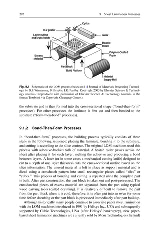 the substrate and is then formed into the cross-sectional shape (“bond-then-form”
processes). For other processes the laminate is first cut and then bonded to the
substrate (“form-then-bond” processes).
9.1.2 Bond-Then-Form Processes
In “bond-then-form” processes, the building process typically consists of three
steps in the following sequence: placing the laminate, bonding it to the substrate,
and cutting it according to the slice contour. The original LOM machines used this
process with adhesive-backed rolls of material. A heated roller passes across the
sheet after placing it for each layer, melting the adhesive and producing a bond
between layers. A laser (or in some cases a mechanical cutting knife) designed to
cut to a depth of one layer thickness cuts the cross-sectional outline based on the
slice information. The unused material is left in place as support material and is
diced using a crosshatch pattern into small rectangular pieces called “tiles” or
“cubes.” This process of bonding and cutting is repeated until the complete part
is built. After part construction, the part block is taken out and post-processed. The
crosshatched pieces of excess material are separated from the part using typical
wood carving tools (called decubing). It is relatively difficult to remove the part
from the part block when it is cold, therefore, it is often put into an oven for some
time before decubing or the part block is processed immediately after part buildup.
Although historically many people continue to associate paper sheet lamination
with the LOM machines introduced in 1991 by Helisys Inc., USA and subsequently
supported by Cubic Technologies, USA (after Helisys’ bankruptcy), new paper-
based sheet lamination machines are currently sold by Mcor Technologies (Ireland)
Fig. 9.1 Schematic of the LOM process (based on [1] Journal of Materials Processing Technol-
ogy by D.I. Wimpenny, B. Bryden, I.R. Pashby. Copyright 2003 by Elsevier Science  Technol-
ogy Journals. Reproduced with permission of Elsevier Science  Technology Journals in the
format Textbook via Copyright Clearance Center.)
220 9 Sheet Lamination Processes
 