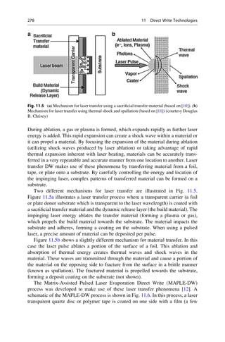 During ablation, a gas or plasma is formed, which expands rapidly as further laser
energy is added. This rapid expansion can create a shock wave within a material or
it can propel a material. By focusing the expansion of the material during ablation
(utilizing shock waves produced by laser ablation) or taking advantage of rapid
thermal expansion inherent with laser heating, materials can be accurately trans-
ferred in a very repeatable and accurate manner from one location to another. Laser
transfer DW makes use of these phenomena by transferring material from a foil,
tape, or plate onto a substrate. By carefully controlling the energy and location of
the impinging laser, complex patterns of transferred material can be formed on a
substrate.
Two different mechanisms for laser transfer are illustrated in Fig. 11.5.
Figure 11.5a illustrates a laser transfer process where a transparent carrier (a foil
or plate donor substrate which is transparent to the laser wavelength) is coated with
a sacrificial transfer material and the dynamic release layer (the build material). The
impinging laser energy ablates the transfer material (forming a plasma or gas),
which propels the build material towards the substrate. The material impacts the
substrate and adheres, forming a coating on the substrate. When using a pulsed
laser, a precise amount of material can be deposited per pulse.
Figure 11.5b shows a slightly different mechanism for material transfer. In this
case the laser pulse ablates a portion of the surface of a foil. This ablation and
absorption of thermal energy creates thermal waves and shock waves in the
material. These waves are transmitted through the material and cause a portion of
the material on the opposing side to fracture from the surface in a brittle manner
(known as spallation). The fractured material is propelled towards the substrate,
forming a deposit coating on the substrate (not shown).
The Matrix-Assisted Pulsed Laser Evaporation Direct Write (MAPLE-DW)
process was developed to make use of these laser transfer phenomena [12]. A
schematic of the MAPLE-DW process is shown in Fig. 11.6. In this process, a laser
transparent quartz disc or polymer tape is coated on one side with a film (a few
Fig. 11.5 (a) Mechanism for laser transfer using a sacrificial transfer material (based on [10]). (b)
Mechanism for laser transfer using thermal shock and spallation (based on [11]) (courtesy Douglas
B. Chrisey)
278 11 Direct Write Technologies
 