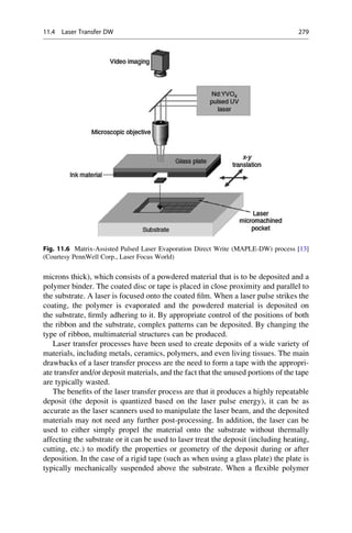 microns thick), which consists of a powdered material that is to be deposited and a
polymer binder. The coated disc or tape is placed in close proximity and parallel to
the substrate. A laser is focused onto the coated film. When a laser pulse strikes the
coating, the polymer is evaporated and the powdered material is deposited on
the substrate, firmly adhering to it. By appropriate control of the positions of both
the ribbon and the substrate, complex patterns can be deposited. By changing the
type of ribbon, multimaterial structures can be produced.
Laser transfer processes have been used to create deposits of a wide variety of
materials, including metals, ceramics, polymers, and even living tissues. The main
drawbacks of a laser transfer process are the need to form a tape with the appropri-
ate transfer and/or deposit materials, and the fact that the unused portions of the tape
are typically wasted.
The benefits of the laser transfer process are that it produces a highly repeatable
deposit (the deposit is quantized based on the laser pulse energy), it can be as
accurate as the laser scanners used to manipulate the laser beam, and the deposited
materials may not need any further post-processing. In addition, the laser can be
used to either simply propel the material onto the substrate without thermally
affecting the substrate or it can be used to laser treat the deposit (including heating,
cutting, etc.) to modify the properties or geometry of the deposit during or after
deposition. In the case of a rigid tape (such as when using a glass plate) the plate is
typically mechanically suspended above the substrate. When a flexible polymer
Fig. 11.6 Matrix-Assisted Pulsed Laser Evaporation Direct Write (MAPLE-DW) process [13]
(Courtesy PennWell Corp., Laser Focus World)
11.4 Laser Transfer DW 279
 
