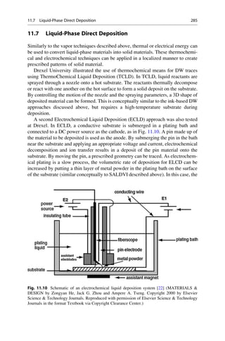 11.7 Liquid-Phase Direct Deposition
Similarly to the vapor techniques described above, thermal or electrical energy can
be used to convert liquid-phase materials into solid materials. These thermochemi-
cal and electrochemical techniques can be applied in a localized manner to create
prescribed patterns of solid material.
Drexel University illustrated the use of thermochemical means for DW traces
using ThermoChemical Liquid Deposition (TCLD). In TCLD, liquid reactants are
sprayed through a nozzle onto a hot substrate. The reactants thermally decompose
or react with one another on the hot surface to form a solid deposit on the substrate.
By controlling the motion of the nozzle and the spraying parameters, a 3D shape of
deposited material can be formed. This is conceptually similar to the ink-based DW
approaches discussed above, but requires a high-temperature substrate during
deposition.
A second Electrochemical Liquid Deposition (ECLD) approach was also tested
at Drexel. In ECLD, a conductive substrate is submerged in a plating bath and
connected to a DC power source as the cathode, as in Fig. 11.10. A pin made up of
the material to be deposited is used as the anode. By submerging the pin in the bath
near the substrate and applying an appropriate voltage and current, electrochemical
decomposition and ion transfer results in a deposit of the pin material onto the
substrate. By moving the pin, a prescribed geometry can be traced. As electrochem-
ical plating is a slow process, the volumetric rate of deposition for ELCD can be
increased by putting a thin layer of metal powder in the plating bath on the surface
of the substrate (similar conceptually to SALDVI described above). In this case, the
Fig. 11.10 Schematic of an electrochemical liquid deposition system [22] (MATERIALS 
DESIGN by Zongyan He, Jack G. Zhou and Ampere A. Tseng. Copyright 2000 by Elsevier
Science  Technology Journals. Reproduced with permission of Elsevier Science  Technology
Journals in the format Textbook via Copyright Clearance Center.)
11.7 Liquid-Phase Direct Deposition 285
 
