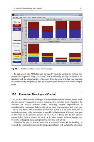 In fact, a tool like AMSelect can be used by machine vendors to explore new
product development. They can “create” new machines by adding a machine to the
database with the characteristics of interest. Then, they can test their new machine
by quantitatively comparing it with existing machines based on build times and part
costs.
13.5 Production Planning and Control
This section addresses the third type of selection decision introduced in the Intro-
duction, namely support for process planning. It is probably most relevant to the
activities of service bureaus (SBs), including internal organizations in
manufacturing companies that operate one or more AM machines and processes.
The SB may know which machine and material a part is to be made from, but in
most circumstances, the part cannot be considered in isolation. When any new part
is presented to the process planner at the SB, it is likely that he has already
committed to build a number of parts. A decision support software system may
be useful in keeping track and optimizing machine utilization.
Consider the process when a new part is presented to the SB for building. In
general, the information presented to the process planner will include the following:
Fig. 13.11 Build time and cost results for the example
13.5 Production Planning and Control 321
 