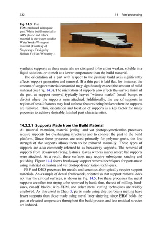 synthetic supports as these materials are designed to be either weaker, soluble in a
liquid solution, or to melt at a lower temperature than the build material.
The orientation of a part with respect to the primary build axis significantly
affects support generation and removal. If a thin part is laid flat, for instance, the
amount of support material consumed may significantly exceed the amount of build
material (see Fig. 14.3). The orientation of supports also affects the surface finish of
the part, as support removal typically leaves “witness marks” (small bumps or
divots) where the supports were attached. Additionally, the use of supports in
regions of small features may lead to these features being broken when the supports
are removed. Thus, orientation and location of supports is a key factor for many
processes to achieve desirable finished part characteristics.
14.2.2.1 Supports Made from the Build Material
All material extrusion, material jetting, and vat photopolymerization processes
require supports for overhanging structures and to connect the part to the build
platform. Since these processes are used primarily for polymer parts, the low
strength of the supports allows them to be removed manually. These types of
supports are also commonly referred to as breakaway supports. The removal of
supports from downward-facing features leaves witness marks where the supports
were attached. As a result, these surfaces may require subsequent sanding and
polishing. Figure 14.4 shows breakaway support removal techniques for parts made
using material extrusion and vat photopolymerization techniques.
PBF and DED processes for metals and ceramics also typically require support
materials. An example of dental framework, oriented so that support removal does
not mar the critical surfaces, is shown in Fig. 14.5. For these processes the metal
supports are often too strong to be removed by hand; thus, the use of milling, band-
saws, cut-off blades, wire-EDM, and other metal cutting techniques are widely
employed. As discussed in Chap. 5, parts made using electron beam melting have
fewer supports than those made using metal laser sintering, since EBM holds the
part at elevated temperature throughout the build process and less residual stresses
are induced.
Fig. 14.3 Flat
FDM-produced aerospace
part. White build material is
ABS plastic and black
material is the water-soluble
WaterWorks™ support
material (Courtesy of
Shapeways. Design by
Nathan Yo Han Wheatley.)
332 14 Post-processing
 