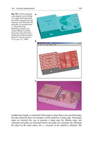 neighboring triangles is calculated. If this angle is larger than a user-specified angle,
the edge shared by these two triangles will be marked as a sharp edge. All triangle
edges are checked this way to generate a sharp edge list. Hidden edges and
redundant tool paths are eliminated before tool paths are calculated. By offsetting
the edges by the cutter radius, the x, y location of the endmill is obtained. The
Fig. 14.7 Finish machining
using adaptive raster milling
of a copper-filled polyamide
part made using polymer laser
sintering. (a) CAD model, (b)
tool paths, (c) machined part
(# Emerald Group
Publishing Limited, from
“Raster Milling Tool-Path
Generation from STL Files,”
Xiuzhi Qu and Brent Stucker,
Rapid Prototyping Journal,
12 (1), pp. 4–11, 2006)
14.4 Accuracy Improvements 339
 