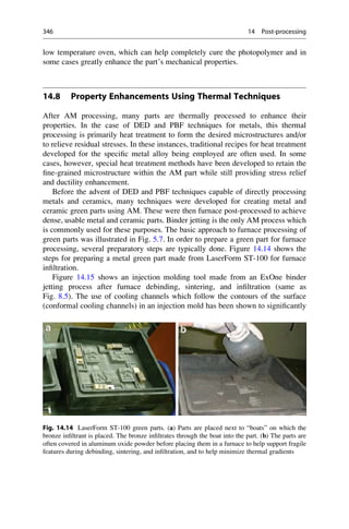 low temperature oven, which can help completely cure the photopolymer and in
some cases greatly enhance the part’s mechanical properties.
14.8 Property Enhancements Using Thermal Techniques
After AM processing, many parts are thermally processed to enhance their
properties. In the case of DED and PBF techniques for metals, this thermal
processing is primarily heat treatment to form the desired microstructures and/or
to relieve residual stresses. In these instances, traditional recipes for heat treatment
developed for the specific metal alloy being employed are often used. In some
cases, however, special heat treatment methods have been developed to retain the
fine-grained microstructure within the AM part while still providing stress relief
and ductility enhancement.
Before the advent of DED and PBF techniques capable of directly processing
metals and ceramics, many techniques were developed for creating metal and
ceramic green parts using AM. These were then furnace post-processed to achieve
dense, usable metal and ceramic parts. Binder jetting is the only AM process which
is commonly used for these purposes. The basic approach to furnace processing of
green parts was illustrated in Fig. 5.7. In order to prepare a green part for furnace
processing, several preparatory steps are typically done. Figure 14.14 shows the
steps for preparing a metal green part made from LaserForm ST-100 for furnace
infiltration.
Figure 14.15 shows an injection molding tool made from an ExOne binder
jetting process after furnace debinding, sintering, and infiltration (same as
Fig. 8.5). The use of cooling channels which follow the contours of the surface
(conformal cooling channels) in an injection mold has been shown to significantly
Fig. 14.14 LaserForm ST-100 green parts. (a) Parts are placed next to “boats” on which the
bronze infiltrant is placed. The bronze infiltrates through the boat into the part. (b) The parts are
often covered in aluminum oxide powder before placing them in a furnace to help support fragile
features during debinding, sintering, and infiltration, and to help minimize thermal gradients
346 14 Post-processing
 