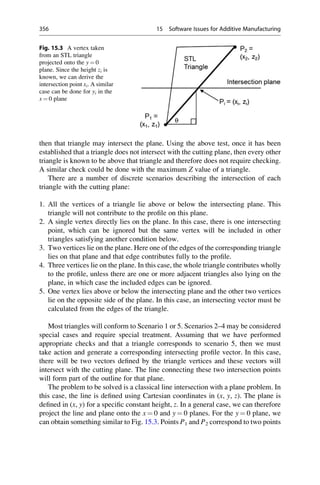 then that triangle may intersect the plane. Using the above test, once it has been
established that a triangle does not intersect with the cutting plane, then every other
triangle is known to be above that triangle and therefore does not require checking.
A similar check could be done with the maximum Z value of a triangle.
There are a number of discrete scenarios describing the intersection of each
triangle with the cutting plane:
1. All the vertices of a triangle lie above or below the intersecting plane. This
triangle will not contribute to the profile on this plane.
2. A single vertex directly lies on the plane. In this case, there is one intersecting
point, which can be ignored but the same vertex will be included in other
triangles satisfying another condition below.
3. Two vertices lie on the plane. Here one of the edges of the corresponding triangle
lies on that plane and that edge contributes fully to the profile.
4. Three vertices lie on the plane. In this case, the whole triangle contributes wholly
to the profile, unless there are one or more adjacent triangles also lying on the
plane, in which case the included edges can be ignored.
5. One vertex lies above or below the intersecting plane and the other two vertices
lie on the opposite side of the plane. In this case, an intersecting vector must be
calculated from the edges of the triangle.
Most triangles will conform to Scenario 1 or 5. Scenarios 2–4 may be considered
special cases and require special treatment. Assuming that we have performed
appropriate checks and that a triangle corresponds to scenario 5, then we must
take action and generate a corresponding intersecting profile vector. In this case,
there will be two vectors defined by the triangle vertices and these vectors will
intersect with the cutting plane. The line connecting these two intersection points
will form part of the outline for that plane.
The problem to be solved is a classical line intersection with a plane problem. In
this case, the line is defined using Cartesian coordinates in (x, y, z). The plane is
defined in (x, y) for a specific constant height, z. In a general case, we can therefore
project the line and plane onto the x ¼ 0 and y ¼ 0 planes. For the y ¼ 0 plane, we
can obtain something similar to Fig. 15.3. Points P1 and P2 correspond to two points
Fig. 15.3 A vertex taken
from an STL triangle
projected onto the y ¼ 0
plane. Since the height zi is
known, we can derive the
intersection point xi. A similar
case can be done for yi in the
x ¼ 0 plane
356 15 Software Issues for Additive Manufacturing
 