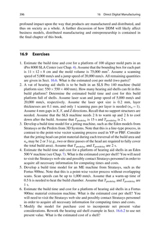 profound impact upon the way that products are manufactured and distributed, and
thus on society as a whole. A further discussion of how DDM will likely affect
business models, distributed manufacturing and entrepreneurship is contained in
the final chapter of this book.
16.9 Exercises
1. Estimate the build time and cost for a platform of 100 aligner mold parts in an
iPro 8000 SLA Center (see Chap. 4). Assume that the bounding box for each part
is 11  12  8 cm and the mold volume is 75,000 mm3
. Assume a scanning
speed of 5,000 mm/s and a jump speed of 20,000 mm/s. All remaining quantities
are given in Sect. 16.6. What is the estimated cost per mold (two parts)?
2. A vat of hearing aid shells is to be built in an SLS Pro 140 machine (build
platform size: 550  550  460 mm). How many hearing aid shells can fit in this
build platform? Determine the estimated build time and cost for this build
platform full of shells. Assume laser scan and jump speed of 5,000 mm/s and
20,000 mm/s, respectively. Assume the laser spot size is 0.2 mm, layer
thicknesses are 0.1 mm, and only 1 scanning pass per layer is needed (nst ¼ 1).
Assume 4 mm gaps in X, Y, and Z directions. Recall that no support structures are
needed. Assume that the SLS machine needs 2 h to warm up and 2 h to cool
down after the build. Assume that Tpredelay is 15 s and Tpostdelay is 2 s.
3. Develop a build time model for a jetting machine, such as the Eden models from
Stratasys or the ProJets from 3D Systems. Note that this is a line-type process, in
contrast to the point-wise vector scanning process used in VP or PBF. Consider
that the jetting head can print material during each traversal of the build area and
nst may be 2 or 3 (e.g., two or three passes of the head are required to fully cover
the total build area). Assume that Tpredelay and Tpostdelay are 2 s.
4. Estimate the build time and cost for a platform of hearing aid shells in an Eden
500 V machine (see Chap. 7). What is the estimated cost per shell? You will need
to visit the Stratasys web site and possibly contact Stratasys personnel in order to
acquire all necessary information for computing times and costs.
5. Develop a build time model for an ME machine from Stratasys, such as the
Fortus 900mc. Note that this is a point-wise vector process without overlapping
scans. Scan speeds can be up to 1,000 mm/s. Assume that a warm-up time of
0.5 h is needed to heat the build chamber. Assume that Tpredelay and Tpostdelay are
1 s.
6. Estimate the build time and cost for a platform of hearing aid shells in a Fortus
900mc material extrusion machine. What is the estimated cost per shell? You
will need to visit the Stratasys web site and possibly contact Stratasys personnel
in order to acquire all necessary information for computing times and costs.
7. Modify the model for purchase cost to incorporate net present value
considerations. Rework the hearing aid shell example in Sect. 16.6.2 to use net
present value. What is the estimated cost of a shell?
396 16 Direct Digital Manufacturing
 