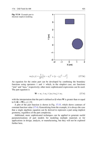 w5 x; y
ð Þ ¼
1
2r2
x  xc
ð Þ2
þ y  yc
ð Þ2
 r2
h i
ð17:3eÞ
An equation for the entire part can be developed by combining the boundary
functions using operators ^ and ∨ which, in the simplest case, are functions
“min” and “max,” respectively; other more sophisticated expressions can be used.
The part equation is
W ¼ w1 ^ w2 ^ w3∨w4
ð Þ ^ w5 ð17:4Þ
with the interpretation that the part is defined as Ω when W is greater than or equal
to 0, Ω ¼ (W(x, y)  0)
A plot of the part function is shown in Fig. 17.15, which shows contours of
constant function value (17.4). Generalizing from the example, it is always the case
that a single algebraic equation can be derived to represent a part using implicit
geometry, regardless of the part complexity.
Additional, more sophisticated techniques can be applied to generate useful
parameterizations of part models for modeling multiple materials or for
applications in design, analysis, or manufacturing, but they will not be explored
further here.
Fig. 17.14 Example part to
illustrate implicit modeling
17.6 CAD Tools for AM 425
 
