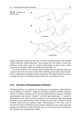 rapidly build part strength so that they will have enough integrity to be handled
without distortion during fabrication. The acrylates are also useful to reduce the
brittleness of the epoxy parts [7]. Another disadvantage of epoxy resins is their
sensitivity to humidity, which can inhibit polymerization [11].
As a result, most SL resins commercially available today are epoxides with some
acrylate content. It is necessary to have both materials present in the same formula-
tion to combine the advantages of both curing types. The improvement in accuracy
resulting from the use of hybrid resins has given SL a tremendous boost.
4.2.2 Overview of Photopolymer Chemistry
VP photopolymers are composed of several types of ingredients: photoinitiators,
reactive diluents, flexibilizers, stabilizers, and liquid monomers. Broadly speaking,
when UV radiation impinges on VP resin, the photoinitiators undergo a chemical
transformation and become “reactive” with the liquid monomers. A “reactive”
photoinitiator reacts with a monomer molecule to start a polymer chain. Subsequent
reactions occur to build polymer chains and then to cross-link—creation of strong
covalent bonds between polymer chains. Polymerization is the term used to
describe the process of linking small molecules (monomers) into larger molecules
(polymers) composed of many monomer units [1]. Two main types of photopoly-
mer chemistry are commercially evident:
linear
branched
cross-linked
a
b
c
Fig. 4.2 Schematics of
polymer types
4.2 Vat Photopolymerization Materials 67
 