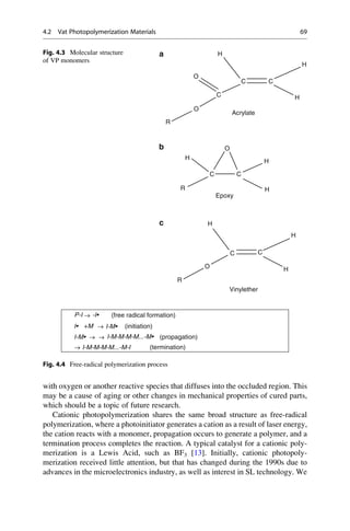 with oxygen or another reactive species that diffuses into the occluded region. This
may be a cause of aging or other changes in mechanical properties of cured parts,
which should be a topic of future research.
Cationic photopolymerization shares the same broad structure as free-radical
polymerization, where a photoinitiator generates a cation as a result of laser energy,
the cation reacts with a monomer, propagation occurs to generate a polymer, and a
termination process completes the reaction. A typical catalyst for a cationic poly-
merization is a Lewis Acid, such as BF3 [13]. Initially, cationic photopoly-
merization received little attention, but that has changed during the 1990s due to
advances in the microelectronics industry, as well as interest in SL technology. We
H
H
H
H
H
H
H
H
H
C
C
C
C C
C
O
O
O
O
R
R
R
C
Acrylate
Epoxy
Vinylether
a
b
c
Fig. 4.3 Molecular structure
of VP monomers
(initiation)
(free radical formation)
(propagation)
(termination)
P-I
+M
I-M•
I-M•
I-M-M-M-M...-M-I
I-M-M-M-M...-M•
-I•
I•
Fig. 4.4 Free-radical polymerization process
4.2 Vat Photopolymerization Materials 69
 