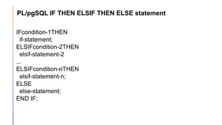 PL/pgSQL IF THEN ELSIF THEN ELSE statement
IFcondition-1THEN
if-statement;
ELSIFcondition-2THEN
elsif-statement-2
...
ELSIFcondition-nTHEN
elsif-statement-n;
ELSE
else-statement;
END IF;
 