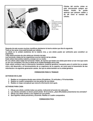 Células del corcho vistas en
este microscopio antiguo por
Robert Hooke. Se puede
apreciar que parecen celdas y
de allí viene el nombre de
células.
Después de este suceso muchos científicos plantearon la teoría celular que dice lo siguiente.
Todo en los seres vivos está formado por células.
La célula es la unidad anatómica de la materia viva, y una célula puede ser suficiente para constituir un
organismo.
Toda célula proviene de otra célula por división de ésta.
Las funciones vitales de los organismos ocurren dentro de las células
Cada célula intercambia materia y energía con su medio.
En una célula caben todas las funciones vitales, de manera que basta una célula para tener un ser vivo (que sería
un ser vivo unicelular). Por eso la célula es la unidad fisiológica de la vida.
Cada célula contiene toda la información hereditaria (material genético) necesaria para el control de su propio
ciclo y del desarrollo y el funcionamiento de un organismo de su especie, así como para la transmisión de esa
información a la siguiente generación celular. Así que la célula también es la unidad genética.
FORMACION PARA EL TRABAJO
ACTIVIDAD EN CLASE
1. Realiza un crucigrama donde uses mínimo 20 palabras, 10 verticales y 10 horizontales.
2. Realice un cuadro comparativo con las partes de una célula.
3. Realiza un mapa conceptual que reúna la información de la guía.
ACTIVIDAD PARA CASA
1. Dibuja una célula y señale todas sus partes, indicando la función de cada parte.
2. Las células animales no tienen pared celular. Si la tuvieran, ¿Qué dificultades presentarían los animales?
3. Dibuja una célula animal y una vegetal con sus partes.
4. Que significa célula procariota y eucariota. Realiza un cuadro comparativo.
FORMACION ETICA
 