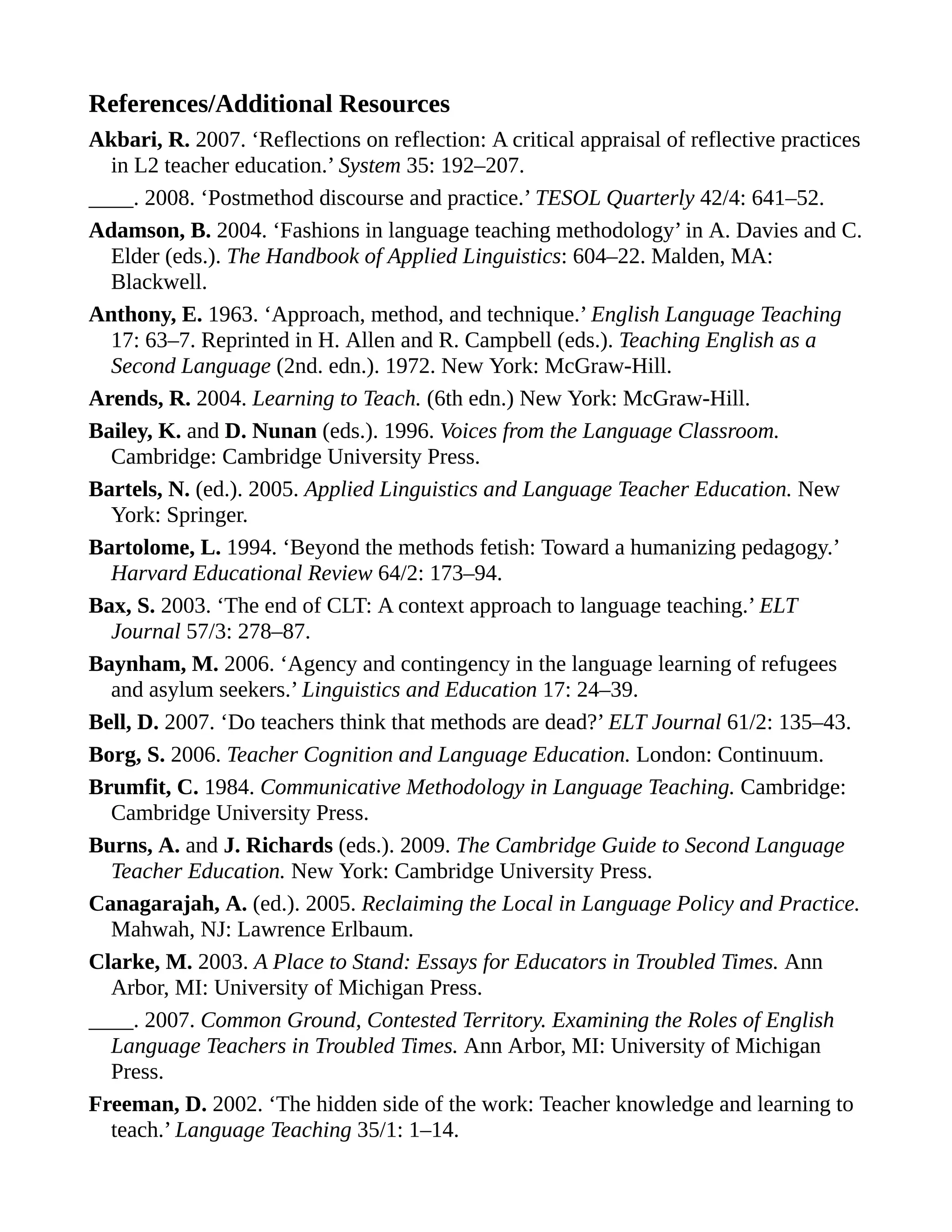References/Additional Resources
Akbari, R. 2007. ‘Reflections on reflection: A critical appraisal of reflective practices
in L2 teacher education.’ System 35: 192–207.
____. 2008. ‘Postmethod discourse and practice.’ TESOL Quarterly 42/4: 641–52.
Adamson, B. 2004. ‘Fashions in language teaching methodology’ in A. Davies and C.
Elder (eds.). The Handbook of Applied Linguistics: 604–22. Malden, MA:
Blackwell.
Anthony, E. 1963. ‘Approach, method, and technique.’ English Language Teaching
17: 63–7. Reprinted in H. Allen and R. Campbell (eds.). Teaching English as a
Second Language (2nd. edn.). 1972. New York: McGraw-Hill.
Arends, R. 2004. Learning to Teach. (6th edn.) New York: McGraw-Hill.
Bailey, K. and D. Nunan (eds.). 1996. Voices from the Language Classroom.
Cambridge: Cambridge University Press.
Bartels, N. (ed.). 2005. Applied Linguistics and Language Teacher Education. New
York: Springer.
Bartolome, L. 1994. ‘Beyond the methods fetish: Toward a humanizing pedagogy.’
Harvard Educational Review 64/2: 173–94.
Bax, S. 2003. ‘The end of CLT: A context approach to language teaching.’ ELT
Journal 57/3: 278–87.
Baynham, M. 2006. ‘Agency and contingency in the language learning of refugees
and asylum seekers.’ Linguistics and Education 17: 24–39.
Bell, D. 2007. ‘Do teachers think that methods are dead?’ ELT Journal 61/2: 135–43.
Borg, S. 2006. Teacher Cognition and Language Education. London: Continuum.
Brumfit, C. 1984. Communicative Methodology in Language Teaching. Cambridge:
Cambridge University Press.
Burns, A. and J. Richards (eds.). 2009. The Cambridge Guide to Second Language
Teacher Education. New York: Cambridge University Press.
Canagarajah, A. (ed.). 2005. Reclaiming the Local in Language Policy and Practice.
Mahwah, NJ: Lawrence Erlbaum.
Clarke, M. 2003. A Place to Stand: Essays for Educators in Troubled Times. Ann
Arbor, MI: University of Michigan Press.
____. 2007. Common Ground, Contested Territory. Examining the Roles of English
Language Teachers in Troubled Times. Ann Arbor, MI: University of Michigan
Press.
Freeman, D. 2002. ‘The hidden side of the work: Teacher knowledge and learning to
teach.’ Language Teaching 35/1: 1–14.
 