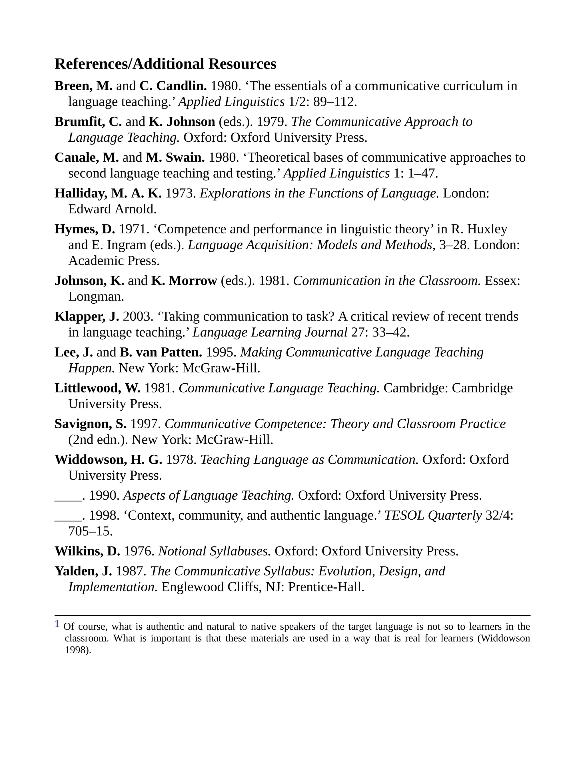 References/Additional Resources
Breen, M. and C. Candlin. 1980. ‘The essentials of a communicative curriculum in
language teaching.’ Applied Linguistics 1/2: 89–112.
Brumfit, C. and K. Johnson (eds.). 1979. The Communicative Approach to
Language Teaching. Oxford: Oxford University Press.
Canale, M. and M. Swain. 1980. ‘Theoretical bases of communicative approaches to
second language teaching and testing.’ Applied Linguistics 1: 1–47.
Halliday, M. A. K. 1973. Explorations in the Functions of Language. London:
Edward Arnold.
Hymes, D. 1971. ‘Competence and performance in linguistic theory’ in R. Huxley
and E. Ingram (eds.). Language Acquisition: Models and Methods, 3–28. London:
Academic Press.
Johnson, K. and K. Morrow (eds.). 1981. Communication in the Classroom. Essex:
Longman.
Klapper, J. 2003. ‘Taking communication to task? A critical review of recent trends
in language teaching.’ Language Learning Journal 27: 33–42.
Lee, J. and B. van Patten. 1995. Making Communicative Language Teaching
Happen. New York: McGraw-Hill.
Littlewood, W. 1981. Communicative Language Teaching. Cambridge: Cambridge
University Press.
Savignon, S. 1997. Communicative Competence: Theory and Classroom Practice
(2nd edn.). New York: McGraw-Hill.
Widdowson, H. G. 1978. Teaching Language as Communication. Oxford: Oxford
University Press.
____. 1990. Aspects of Language Teaching. Oxford: Oxford University Press.
____. 1998. ‘Context, community, and authentic language.’ TESOL Quarterly 32/4:
705–15.
Wilkins, D. 1976. Notional Syllabuses. Oxford: Oxford University Press.
Yalden, J. 1987. The Communicative Syllabus: Evolution, Design, and
Implementation. Englewood Cliffs, NJ: Prentice-Hall.
1 Of course, what is authentic and natural to native speakers of the target language is not so to learners in the
classroom. What is important is that these materials are used in a way that is real for learners (Widdowson
1998).
 