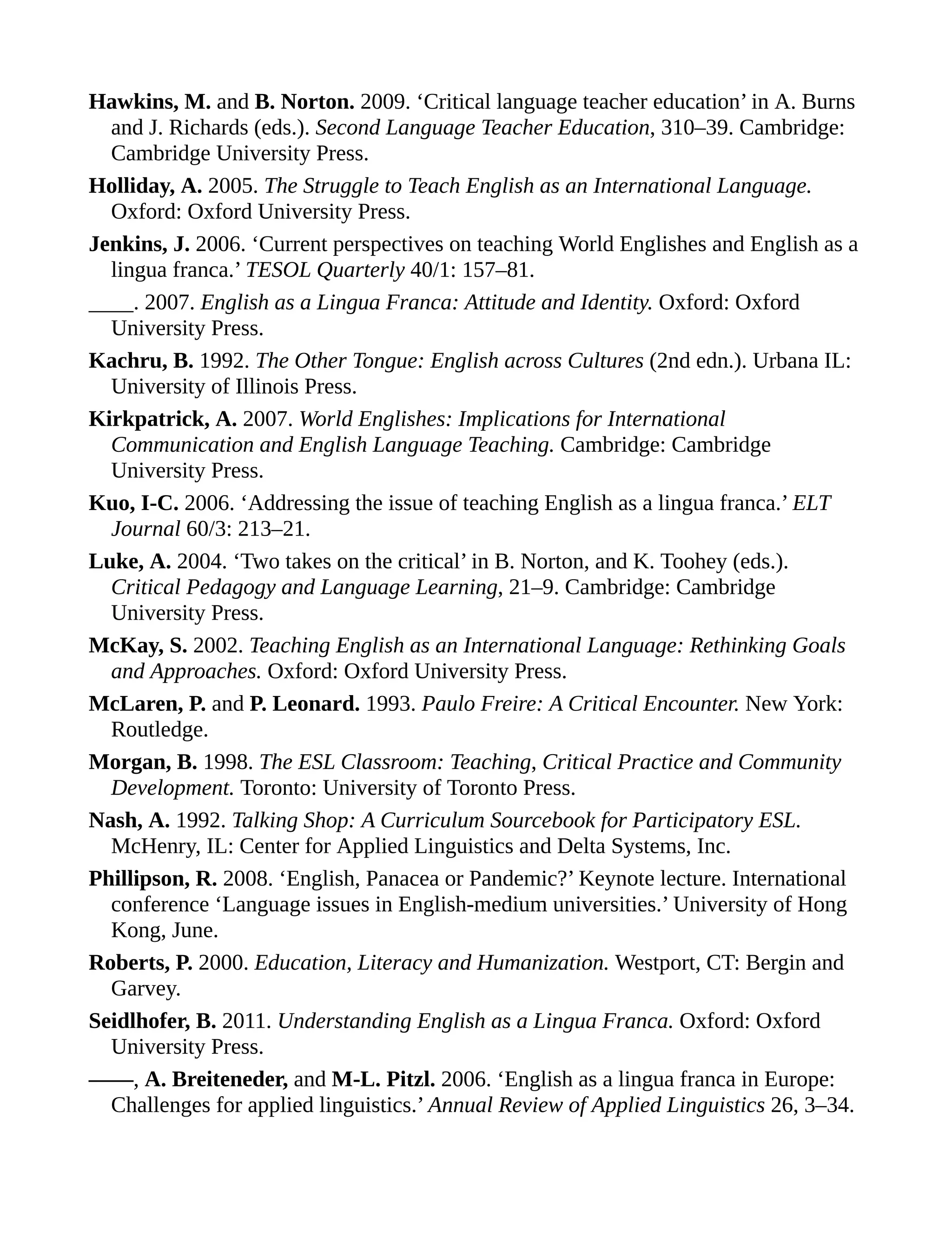 Hawkins, M. and B. Norton. 2009. ‘Critical language teacher education’ in A. Burns
and J. Richards (eds.). Second Language Teacher Education, 310–39. Cambridge:
Cambridge University Press.
Holliday, A. 2005. The Struggle to Teach English as an International Language.
Oxford: Oxford University Press.
Jenkins, J. 2006. ‘Current perspectives on teaching World Englishes and English as a
lingua franca.’ TESOL Quarterly 40/1: 157–81.
____. 2007. English as a Lingua Franca: Attitude and Identity. Oxford: Oxford
University Press.
Kachru, B. 1992. The Other Tongue: English across Cultures (2nd edn.). Urbana IL:
University of Illinois Press.
Kirkpatrick, A. 2007. World Englishes: Implications for International
Communication and English Language Teaching. Cambridge: Cambridge
University Press.
Kuo, I-C. 2006. ‘Addressing the issue of teaching English as a lingua franca.’ ELT
Journal 60/3: 213–21.
Luke, A. 2004. ‘Two takes on the critical’ in B. Norton, and K. Toohey (eds.).
Critical Pedagogy and Language Learning, 21–9. Cambridge: Cambridge
University Press.
McKay, S. 2002. Teaching English as an International Language: Rethinking Goals
and Approaches. Oxford: Oxford University Press.
McLaren, P. and P. Leonard. 1993. Paulo Freire: A Critical Encounter. New York:
Routledge.
Morgan, B. 1998. The ESL Classroom: Teaching, Critical Practice and Community
Development. Toronto: University of Toronto Press.
Nash, A. 1992. Talking Shop: A Curriculum Sourcebook for Participatory ESL.
McHenry, IL: Center for Applied Linguistics and Delta Systems, Inc.
Phillipson, R. 2008. ‘English, Panacea or Pandemic?’ Keynote lecture. International
conference ‘Language issues in English-medium universities.’ University of Hong
Kong, June.
Roberts, P. 2000. Education, Literacy and Humanization. Westport, CT: Bergin and
Garvey.
Seidlhofer, B. 2011. Understanding English as a Lingua Franca. Oxford: Oxford
University Press.
——, A. Breiteneder, and M-L. Pitzl. 2006. ‘English as a lingua franca in Europe:
Challenges for applied linguistics.’ Annual Review of Applied Linguistics 26, 3–34.
 