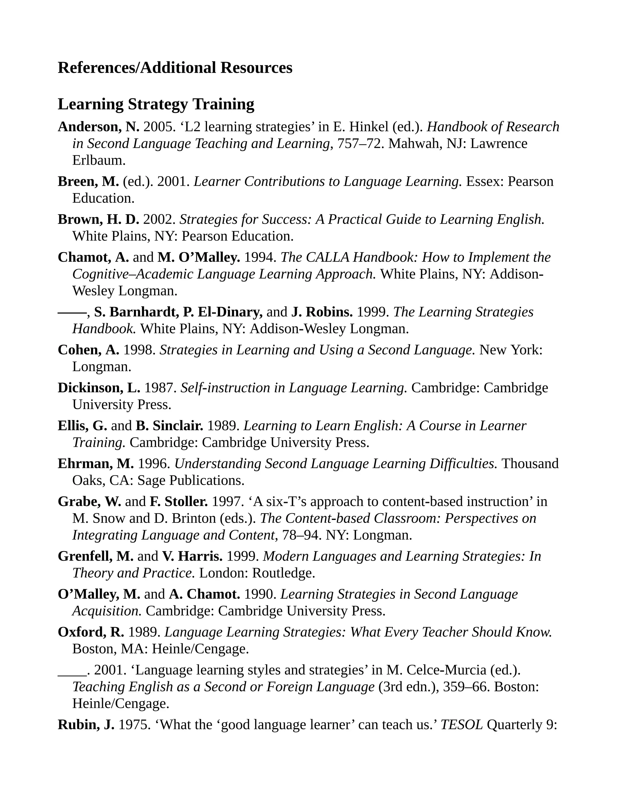 References/Additional Resources
Learning Strategy Training
Anderson, N. 2005. ‘L2 learning strategies’ in E. Hinkel (ed.). Handbook of Research
in Second Language Teaching and Learning, 757–72. Mahwah, NJ: Lawrence
Erlbaum.
Breen, M. (ed.). 2001. Learner Contributions to Language Learning. Essex: Pearson
Education.
Brown, H. D. 2002. Strategies for Success: A Practical Guide to Learning English.
White Plains, NY: Pearson Education.
Chamot, A. and M. O’Malley. 1994. The CALLA Handbook: How to Implement the
Cognitive–Academic Language Learning Approach. White Plains, NY: Addison-
Wesley Longman.
——, S. Barnhardt, P. El-Dinary, and J. Robins. 1999. The Learning Strategies
Handbook. White Plains, NY: Addison-Wesley Longman.
Cohen, A. 1998. Strategies in Learning and Using a Second Language. New York:
Longman.
Dickinson, L. 1987. Self-instruction in Language Learning. Cambridge: Cambridge
University Press.
Ellis, G. and B. Sinclair. 1989. Learning to Learn English: A Course in Learner
Training. Cambridge: Cambridge University Press.
Ehrman, M. 1996. Understanding Second Language Learning Difficulties. Thousand
Oaks, CA: Sage Publications.
Grabe, W. and F. Stoller. 1997. ‘A six-T’s approach to content-based instruction’ in
M. Snow and D. Brinton (eds.). The Content-based Classroom: Perspectives on
Integrating Language and Content, 78–94. NY: Longman.
Grenfell, M. and V. Harris. 1999. Modern Languages and Learning Strategies: In
Theory and Practice. London: Routledge.
O’Malley, M. and A. Chamot. 1990. Learning Strategies in Second Language
Acquisition. Cambridge: Cambridge University Press.
Oxford, R. 1989. Language Learning Strategies: What Every Teacher Should Know.
Boston, MA: Heinle/Cengage.
____. 2001. ‘Language learning styles and strategies’ in M. Celce-Murcia (ed.).
Teaching English as a Second or Foreign Language (3rd edn.), 359–66. Boston:
Heinle/Cengage.
Rubin, J. 1975. ‘What the ‘good language learner’ can teach us.’ TESOL Quarterly 9:
 
