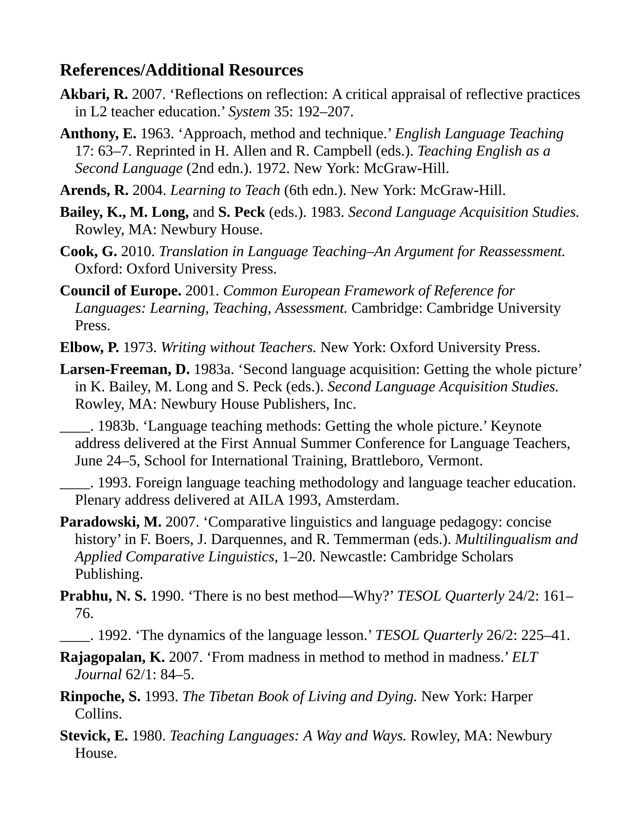 References/Additional Resources
Akbari, R. 2007. ‘Reflections on reflection: A critical appraisal of reflective practices
in L2 teacher education.’ System 35: 192–207.
Anthony, E. 1963. ‘Approach, method and technique.’ English Language Teaching
17: 63–7. Reprinted in H. Allen and R. Campbell (eds.). Teaching English as a
Second Language (2nd edn.). 1972. New York: McGraw-Hill.
Arends, R. 2004. Learning to Teach (6th edn.). New York: McGraw-Hill.
Bailey, K., M. Long, and S. Peck (eds.). 1983. Second Language Acquisition Studies.
Rowley, MA: Newbury House.
Cook, G. 2010. Translation in Language Teaching–An Argument for Reassessment.
Oxford: Oxford University Press.
Council of Europe. 2001. Common European Framework of Reference for
Languages: Learning, Teaching, Assessment. Cambridge: Cambridge University
Press.
Elbow, P. 1973. Writing without Teachers. New York: Oxford University Press.
Larsen-Freeman, D. 1983a. ‘Second language acquisition: Getting the whole picture’
in K. Bailey, M. Long and S. Peck (eds.). Second Language Acquisition Studies.
Rowley, MA: Newbury House Publishers, Inc.
____. 1983b. ‘Language teaching methods: Getting the whole picture.’ Keynote
address delivered at the First Annual Summer Conference for Language Teachers,
June 24–5, School for International Training, Brattleboro, Vermont.
____. 1993. Foreign language teaching methodology and language teacher education.
Plenary address delivered at AILA 1993, Amsterdam.
Paradowski, M. 2007. ‘Comparative linguistics and language pedagogy: concise
history’ in F. Boers, J. Darquennes, and R. Temmerman (eds.). Multilingualism and
Applied Comparative Linguistics, 1–20. Newcastle: Cambridge Scholars
Publishing.
Prabhu, N. S. 1990. ‘There is no best method—Why?’ TESOL Quarterly 24/2: 161–
76.
____. 1992. ‘The dynamics of the language lesson.’ TESOL Quarterly 26/2: 225–41.
Rajagopalan, K. 2007. ‘From madness in method to method in madness.’ ELT
Journal 62/1: 84–5.
Rinpoche, S. 1993. The Tibetan Book of Living and Dying. New York: Harper
Collins.
Stevick, E. 1980. Teaching Languages: A Way and Ways. Rowley, MA: Newbury
House.
 