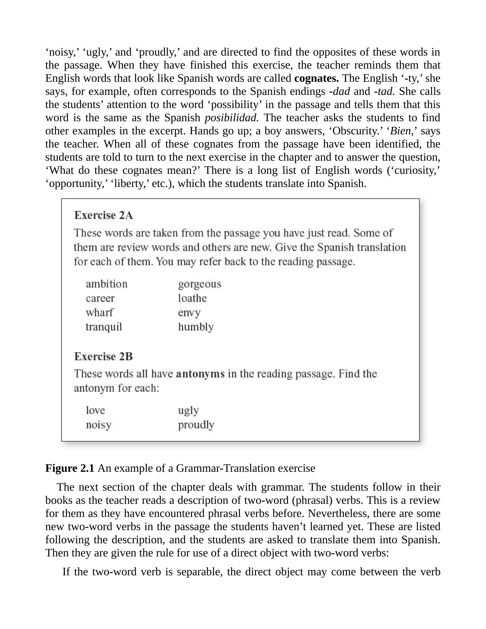 ‘noisy,’ ‘ugly,’ and ‘proudly,’ and are directed to find the opposites of these words in
the passage. When they have finished this exercise, the teacher reminds them that
English words that look like Spanish words are called cognates. The English ‘-ty,’ she
says, for example, often corresponds to the Spanish endings -dad and -tad. She calls
the students’ attention to the word ‘possibility’ in the passage and tells them that this
word is the same as the Spanish posibilidad. The teacher asks the students to find
other examples in the excerpt. Hands go up; a boy answers, ‘Obscurity.’ ‘Bien,’ says
the teacher. When all of these cognates from the passage have been identified, the
students are told to turn to the next exercise in the chapter and to answer the question,
‘What do these cognates mean?’ There is a long list of English words (‘curiosity,’
‘opportunity,’ ‘liberty,’ etc.), which the students translate into Spanish.
Figure 2.1 An example of a Grammar-Translation exercise
The next section of the chapter deals with grammar. The students follow in their
books as the teacher reads a description of two-word (phrasal) verbs. This is a review
for them as they have encountered phrasal verbs before. Nevertheless, there are some
new two-word verbs in the passage the students haven’t learned yet. These are listed
following the description, and the students are asked to translate them into Spanish.
Then they are given the rule for use of a direct object with two-word verbs:
If the two-word verb is separable, the direct object may come between the verb
 