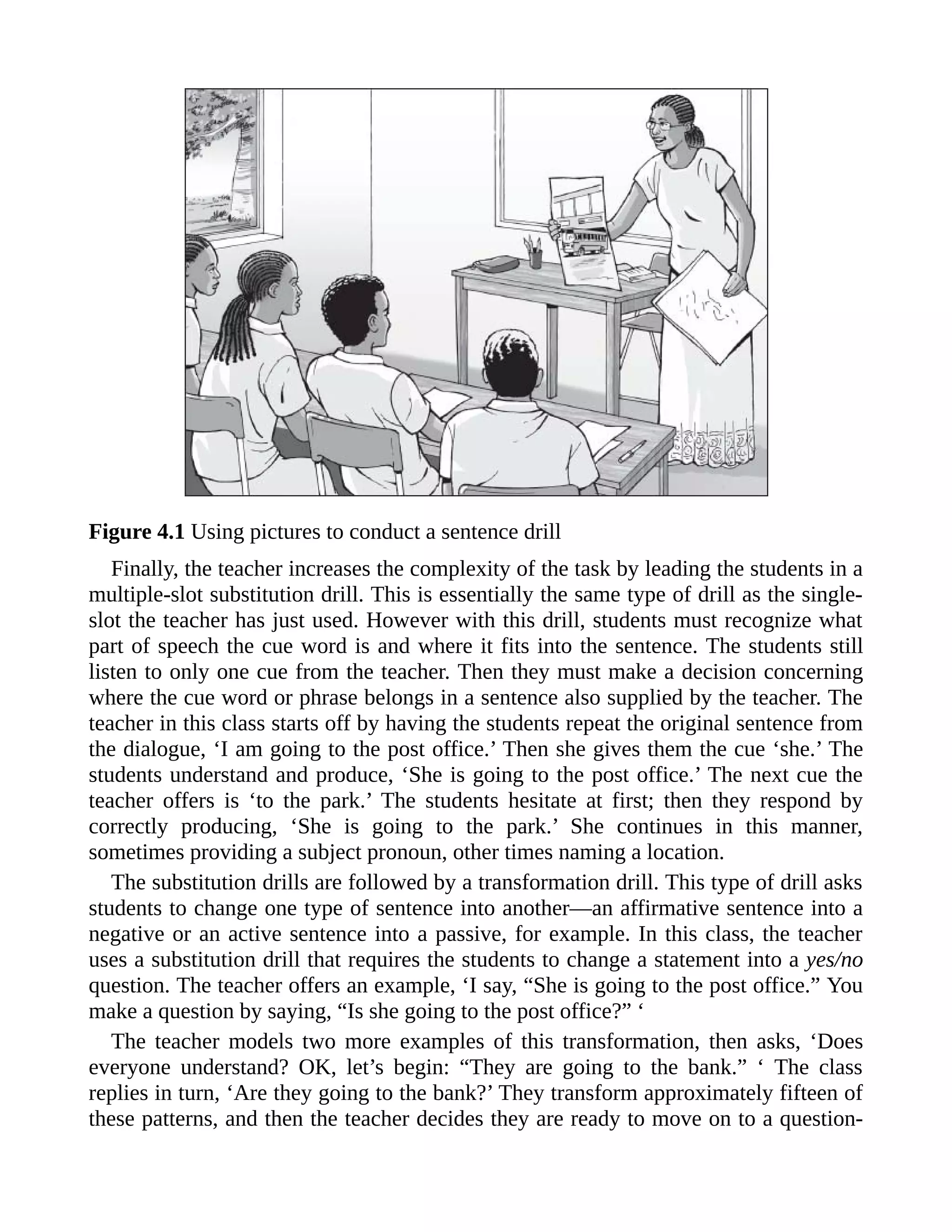 Figure 4.1 Using pictures to conduct a sentence drill
Finally, the teacher increases the complexity of the task by leading the students in a
multiple-slot substitution drill. This is essentially the same type of drill as the single-
slot the teacher has just used. However with this drill, students must recognize what
part of speech the cue word is and where it fits into the sentence. The students still
listen to only one cue from the teacher. Then they must make a decision concerning
where the cue word or phrase belongs in a sentence also supplied by the teacher. The
teacher in this class starts off by having the students repeat the original sentence from
the dialogue, ‘I am going to the post office.’ Then she gives them the cue ‘she.’ The
students understand and produce, ‘She is going to the post office.’ The next cue the
teacher offers is ‘to the park.’ The students hesitate at first; then they respond by
correctly producing, ‘She is going to the park.’ She continues in this manner,
sometimes providing a subject pronoun, other times naming a location.
The substitution drills are followed by a transformation drill. This type of drill asks
students to change one type of sentence into another—an affirmative sentence into a
negative or an active sentence into a passive, for example. In this class, the teacher
uses a substitution drill that requires the students to change a statement into a yes/no
question. The teacher offers an example, ‘I say, “She is going to the post office.” You
make a question by saying, “Is she going to the post office?” ‘
The teacher models two more examples of this transformation, then asks, ‘Does
everyone understand? OK, let’s begin: “They are going to the bank.” ‘ The class
replies in turn, ‘Are they going to the bank?’ They transform approximately fifteen of
these patterns, and then the teacher decides they are ready to move on to a question-
 