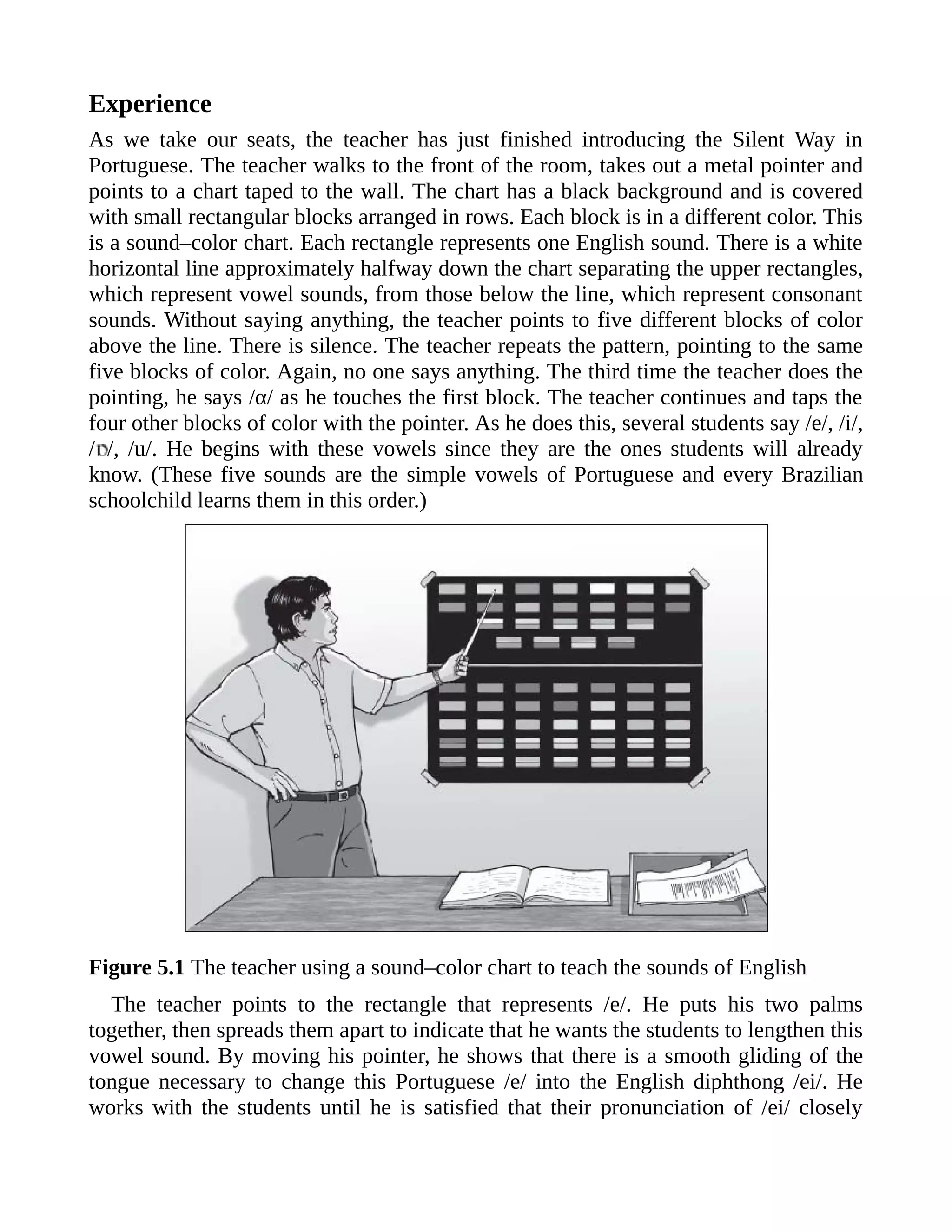 Experience
As we take our seats, the teacher has just finished introducing the Silent Way in
Portuguese. The teacher walks to the front of the room, takes out a metal pointer and
points to a chart taped to the wall. The chart has a black background and is covered
with small rectangular blocks arranged in rows. Each block is in a different color. This
is a sound–color chart. Each rectangle represents one English sound. There is a white
horizontal line approximately halfway down the chart separating the upper rectangles,
which represent vowel sounds, from those below the line, which represent consonant
sounds. Without saying anything, the teacher points to five different blocks of color
above the line. There is silence. The teacher repeats the pattern, pointing to the same
five blocks of color. Again, no one says anything. The third time the teacher does the
pointing, he says /α/ as he touches the first block. The teacher continues and taps the
four other blocks of color with the pointer. As he does this, several students say /e/, /i/,
/ /, /u/. He begins with these vowels since they are the ones students will already
know. (These five sounds are the simple vowels of Portuguese and every Brazilian
schoolchild learns them in this order.)
Figure 5.1 The teacher using a sound–color chart to teach the sounds of English
The teacher points to the rectangle that represents /e/. He puts his two palms
together, then spreads them apart to indicate that he wants the students to lengthen this
vowel sound. By moving his pointer, he shows that there is a smooth gliding of the
tongue necessary to change this Portuguese /e/ into the English diphthong /ei/. He
works with the students until he is satisfied that their pronunciation of /ei/ closely
 