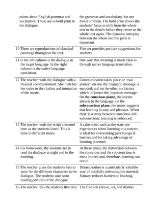 points about English grammar and
vocabulary. These are in bold print in
the dialogue.
the grammar and vocabulary, but not
dwell on them. The bold print allows the
students’ focus to shift from the whole
text to the details before they return to the
whole text again. The dynamic interplay
between the whole and the parts is
important.
10 There are reproductions of classical
paintings throughout the text.
Fine art provides positive suggestions for
students.
11 In the left column is the dialogue in
the target language. In the right
column is the native language
translation.
One way that meaning is made clear is
through native language translation.
12 The teacher reads the dialogue with a
musical accompaniment. She matches
her voice to the rhythm and intonation
of the music.
Communication takes place on ‘two
planes’: on one the linguistic message is
encoded; and on the other are factors
which influence the linguistic message.
On the conscious plane, the learner
attends to the language; on the
subconscious plane, the music suggests
that learning is easy and pleasant. When
there is a unity between conscious and
subconscious, learning is enhanced.
13 The teacher reads the script a second
time as the students listen. This is
done to different music.
A calm state, such as the state one
experiences when listening to a concert,
is ideal for overcoming psychological
barriers and for taking advantage of
learning potential.
14 For homework, the students are to
read the dialogue at night and in the
morning.
At these times, the distinction between
the conscious and the subconscious is
most blurred and, therefore, learning can
occur.
15 The teacher gives the students hats to
wear for the different characters in the
dialogue. The students take turns
reading portions of the dialogue.
Dramatization is a particularly valuable
way of playfully activating the material.
Fantasy reduces barriers to learning.
16 The teacher tells the students that they The fine arts (music, art, and drama)
 