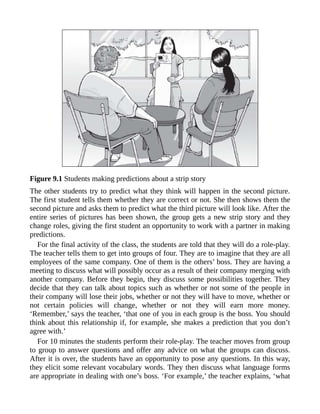 Figure 9.1 Students making predictions about a strip story
The other students try to predict what they think will happen in the second picture.
The first student tells them whether they are correct or not. She then shows them the
second picture and asks them to predict what the third picture will look like. After the
entire series of pictures has been shown, the group gets a new strip story and they
change roles, giving the first student an opportunity to work with a partner in making
predictions.
For the final activity of the class, the students are told that they will do a role-play.
The teacher tells them to get into groups of four. They are to imagine that they are all
employees of the same company. One of them is the others’ boss. They are having a
meeting to discuss what will possibly occur as a result of their company merging with
another company. Before they begin, they discuss some possibilities together. They
decide that they can talk about topics such as whether or not some of the people in
their company will lose their jobs, whether or not they will have to move, whether or
not certain policies will change, whether or not they will earn more money.
‘Remember,’ says the teacher, ‘that one of you in each group is the boss. You should
think about this relationship if, for example, she makes a prediction that you don’t
agree with.’
For 10 minutes the students perform their role-play. The teacher moves from group
to group to answer questions and offer any advice on what the groups can discuss.
After it is over, the students have an opportunity to pose any questions. In this way,
they elicit some relevant vocabulary words. They then discuss what language forms
are appropriate in dealing with one’s boss. ‘For example,’ the teacher explains, ‘what
 
