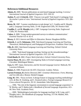 References/Additional Resources
Adams, R. 2009. ‘Recent publications on task-based language teaching: A review.’
International Journal of Applied Linguistics 19/3: 339–55.
Andon, N. and J. Eckerth. 2009. ‘Chacun à son goût? Task-based L2 pedagogy from
the teacher’s point of view.’ International Journal of Applied Linguistics 19/3: 286–
310.
Breen, M. 1987. ‘Learner contributions to task design’ in C. Candlin and D. Murphy
(eds.). Language Learning Tasks, 23–46: Englewood Cliffs, NJ: Prentice Hall.
Candlin, C. and D. Murphy (eds.). 1987. Language Learning Tasks. Englewood
Cliffs, NJ: Prentice Hall.
Cohen, J. 2009. ‘Using student-generated surveys to enhance communication.’
Essential Teacher 6/3–4: 42–4.
Dewey, J. 1913. Interest and Effort in Education. Boston: Houghton-Mifflin.
Eckerth, J. and S. Siekmann. 2008. Task-based Language Learning and Teaching:
Theoretical, Methodological, and Pedagogical Perspectives. Frankfurt: Peter Lang.
Ellis, R. 2003. Task-based Language Learning and Teaching. Oxford: Oxford
University Press.
____. 2009. ‘Task-based language teaching: Sorting out the misunderstandings.’
International Journal of Applied Linguistics 19/3: 221–46.
Fried-Booth, D. 2002. Project Work (2nd edn.). Oxford: Oxford University Press.
García Mayo, M. (ed.). 2007. Investigating Tasks in Formal Language Learning.
Clevedon: Multilingual Matters.
Gass, S. 1997. Input, Interaction, and the Second Language Learner. Mahwah, NJ:
Lawrence Erlbaum.
Haines, S. 1989. Projects for the EFL Classroom. London: Nelson.
Larsen-Freeman, D. (Series Director) 2007. Grammar Dimensions: Form, Meaning,
and Use (4th edn.). Boston: Heinle/Cengage.
Long, M. 1991. ‘Focus on form: A design feature in language teaching methodology’
in K. de Bot, R. Ginsberg, and C. Kramsch (eds.). Foreign Language Research in
Cross-cultural Perspective, 39–52. Amsterdam: John Benjamins.
____. 1996. ‘The role of the linguistic environment in second language acquisition’ in
W. Ritchie, and T. Bahtia (eds.). Handbook of Second Language Acquisition, 413–
68. New York: Academic Press.
____. 2009. ‘Methodological principles for language teaching’ in M. Long, and C.
Doughty (eds.). The Handbook of Language Teaching, 373–94. Malden, MA:
Wiley-Blackwell.
 