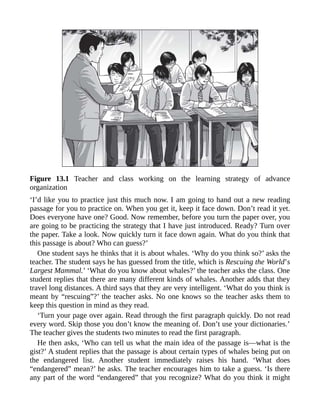 Figure 13.1 Teacher and class working on the learning strategy of advance
organization
‘I’d like you to practice just this much now. I am going to hand out a new reading
passage for you to practice on. When you get it, keep it face down. Don’t read it yet.
Does everyone have one? Good. Now remember, before you turn the paper over, you
are going to be practicing the strategy that I have just introduced. Ready? Turn over
the paper. Take a look. Now quickly turn it face down again. What do you think that
this passage is about? Who can guess?’
One student says he thinks that it is about whales. ‘Why do you think so?’ asks the
teacher. The student says he has guessed from the title, which is Rescuing the World’s
Largest Mammal.’ ‘What do you know about whales?’ the teacher asks the class. One
student replies that there are many different kinds of whales. Another adds that they
travel long distances. A third says that they are very intelligent. ‘What do you think is
meant by “rescuing”?’ the teacher asks. No one knows so the teacher asks them to
keep this question in mind as they read.
‘Turn your page over again. Read through the first paragraph quickly. Do not read
every word. Skip those you don’t know the meaning of. Don’t use your dictionaries.’
The teacher gives the students two minutes to read the first paragraph.
He then asks, ‘Who can tell us what the main idea of the passage is—what is the
gist?’ A student replies that the passage is about certain types of whales being put on
the endangered list. Another student immediately raises his hand. ‘What does
“endangered” mean?’ he asks. The teacher encourages him to take a guess. ‘Is there
any part of the word “endangered” that you recognize? What do you think it might
 