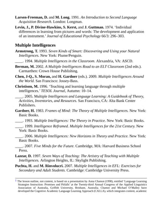 Larsen-Freeman, D. and M. Long. 1991. An Introduction to Second Language
Acquisition Research. London: Longman.
Levin, J., P. Divine-Hawkins, S. Kerst, and J. Guttman. 1974. ‘Individual
differences in learning from pictures and words: The development and application
of an instrument.’ Journal of Educational Psychology 66/3: 296–303.
Multiple Intelligences
Armstrong, T. 1993. Seven Kinds of Smart: Discovering and Using your Natural
Intelligences. New York: Plume/Penguin.
____. 1994. Multiple Intelligences in the Classroom. Alexandria, VA: ASCD.
Berman, M. 2002. A Multiple Intelligences Road to an ELT Classroom (2nd edn.).
Carmarthen: Crown House Publishing.
Chen, J-Q., S. Moran, and H. Gardner (eds.). 2009. Multiple Intelligences Around
the World. San Francisco: Jossey-Bass.
Christison, M. 1996. ‘Teaching and learning language through multiple
intelligences.’ TESOL Journal, Autumn: 10–14.
____. 2005. Multiple Intelligences and Language Learning: A Guidebook of Theory,
Activities, Inventories, and Resources. San Francisco, CA: Alta Bank Center
Publishers.
Gardner, H. 1983. Frames of Mind: The Theory of Multiple Intelligences. New York:
Basic Books.
____. 1993. Multiple Intelligences: The Theory in Practice. New York: Basic Books.
____. 1999. Intelligence Reframed. Multiple Intelligences for the 21st Century. New
York: Basic Books.
____. 2006. Multiple Intelligences: New Horizons in Theory and Practice. New York:
Basic Books.
____. 2007. Five Minds for the Future. Cambridge, MA: Harvard Business School
Press.
Lazear, D. 1997. Seven Ways of Teaching: The Artistry of Teaching with Multiple
Intelligences. Arlington Heights, IL: Skylight Publishing.
Puchta, H. and M. Rinvolucri. 2007. Multiple Intelligences in EFL: Exercises for
Secondary and Adult Students. Cambridge: Cambridge University Press.
1 The lesson outline, not content, is based on a presentation by Anna Chamot (1998), entitled ‘Language Learning
Strategies Instruction: Promises and Pitfalls’ at the Twenty-third Annual Congress of the Applied Linguistics
Association of Australia, Griffith University, Brisbane, Australia. Chamot and Michael O’Malley have
developed the Cognitive Academic Language Learning Approach (CALLA), which integrates content, academic
 