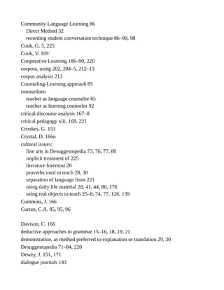 Community Language Learning 86
Direct Method 32
recording student conversation technique 86–90, 98
Cook, G. 5, 225
Cook, V. 169
Cooperative Learning 186–90, 220
corpora, using 202, 204–5, 212–13
corpus analysis 213
Counseling-Learning approach 85
counsellors:
teacher as language counselor 85
teacher as learning counselor 92
critical discourse analysis 167–8
critical pedagogy xiii, 168, 221
Crookes, G. 153
Crystal, D. 166n
cultural issues:
fine arts in Desuggestopedia 73, 76, 77, 80
implicit treatment of 225
literature foremost 20
proverbs used to teach 28, 30
separation of language from 221
using daily life material 28, 41, 44, 80, 176
using real objects to teach 25–8, 74, 77, 126, 139
Cummins, J. 166
Curran, C.A. 85, 95, 96
Davison, C. 166
deductive approaches to grammar 15–16, 18, 19, 21
demonstration, as method preferred to explanation or translation 29, 30
Desuggestopedia 71–84, 220
Dewey, J. 151, 171
dialogue journals 143
 